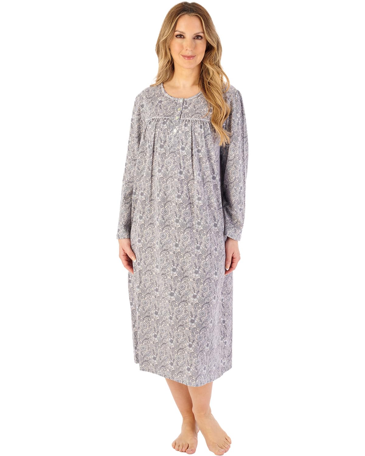 Slenderella Indi Print 45" Long Sleeve Jersey Nightdress ND08107 Grey 12-14