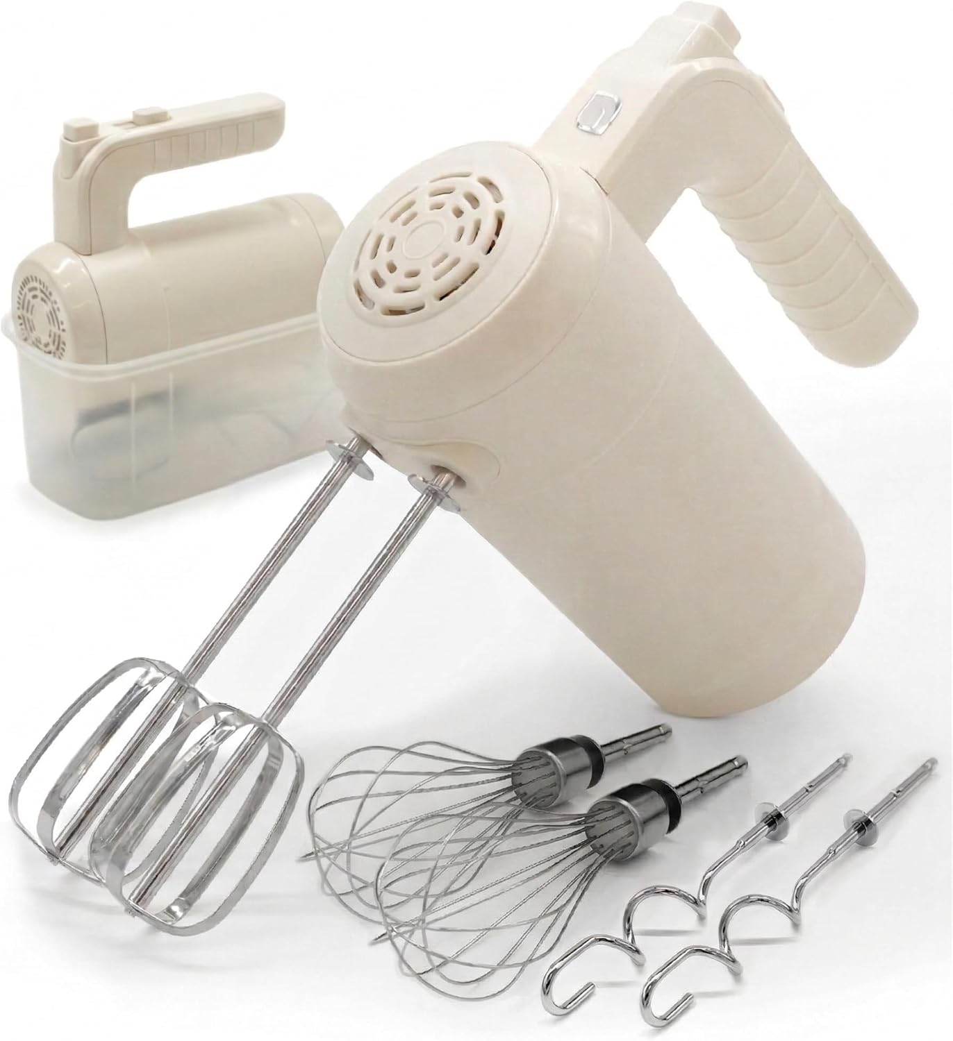 WILLOW Eco Series Electric Hand Mixer, 5 Speed Ultra Power Handheld Mixer with Stainless Steel Whisks, Beaters & Dough Hooks + Eject Button, 350W Kitchen Mixer with Snap-On Storage Case - WHITE
