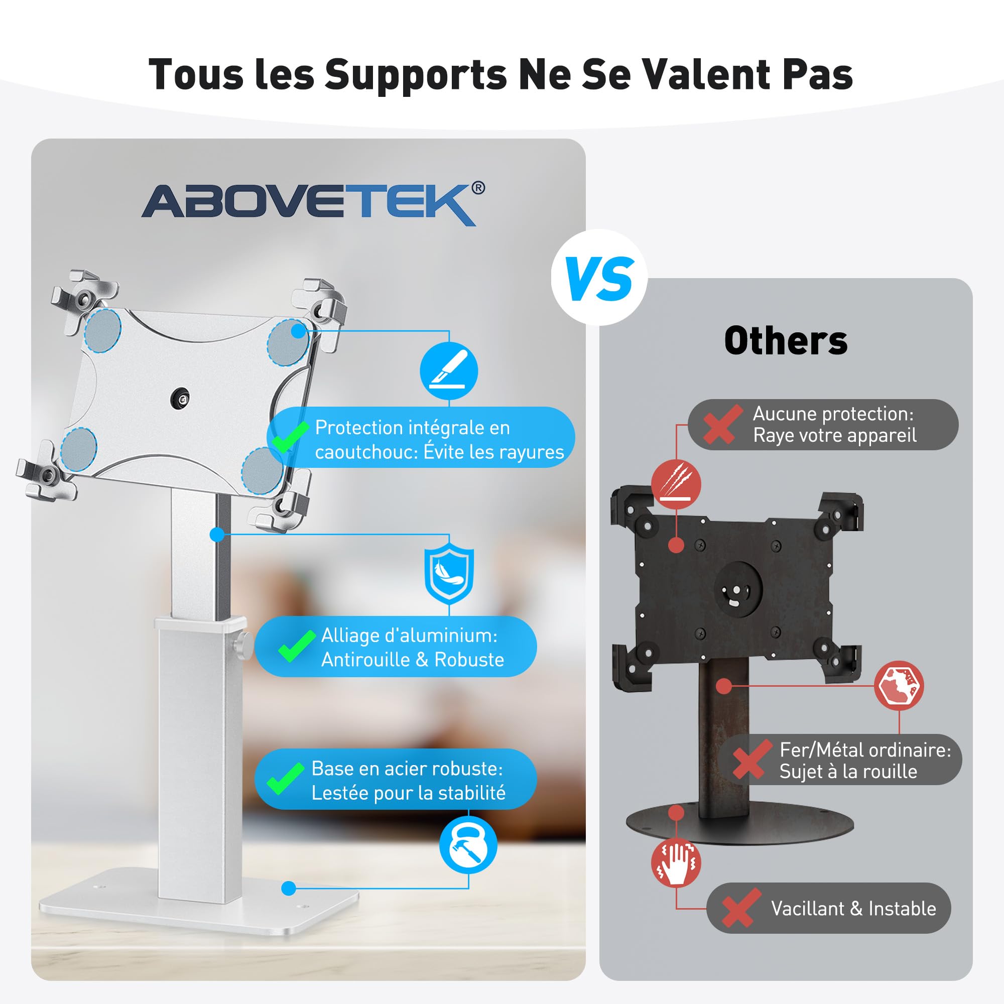 AboveTEK Support Kiosque Antivol pour iPad, Rotation 360°, Hauteur Réglable 21-34cm, Acier/Aluminium Robuste, pour Tablettes 9.7"-13", Support POS Sécurisé pour Commerce-Argent