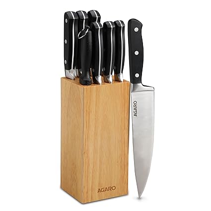AGARO Galaxy Kitchen Knives Set with Wooden Case, 7 Knives, 1 Knife Sharpener, 1 Wooden Case, High Carbon Stainless Steel, Non Slip Triple Rivet Strong Handle, Cooking, Cutting, Slicing