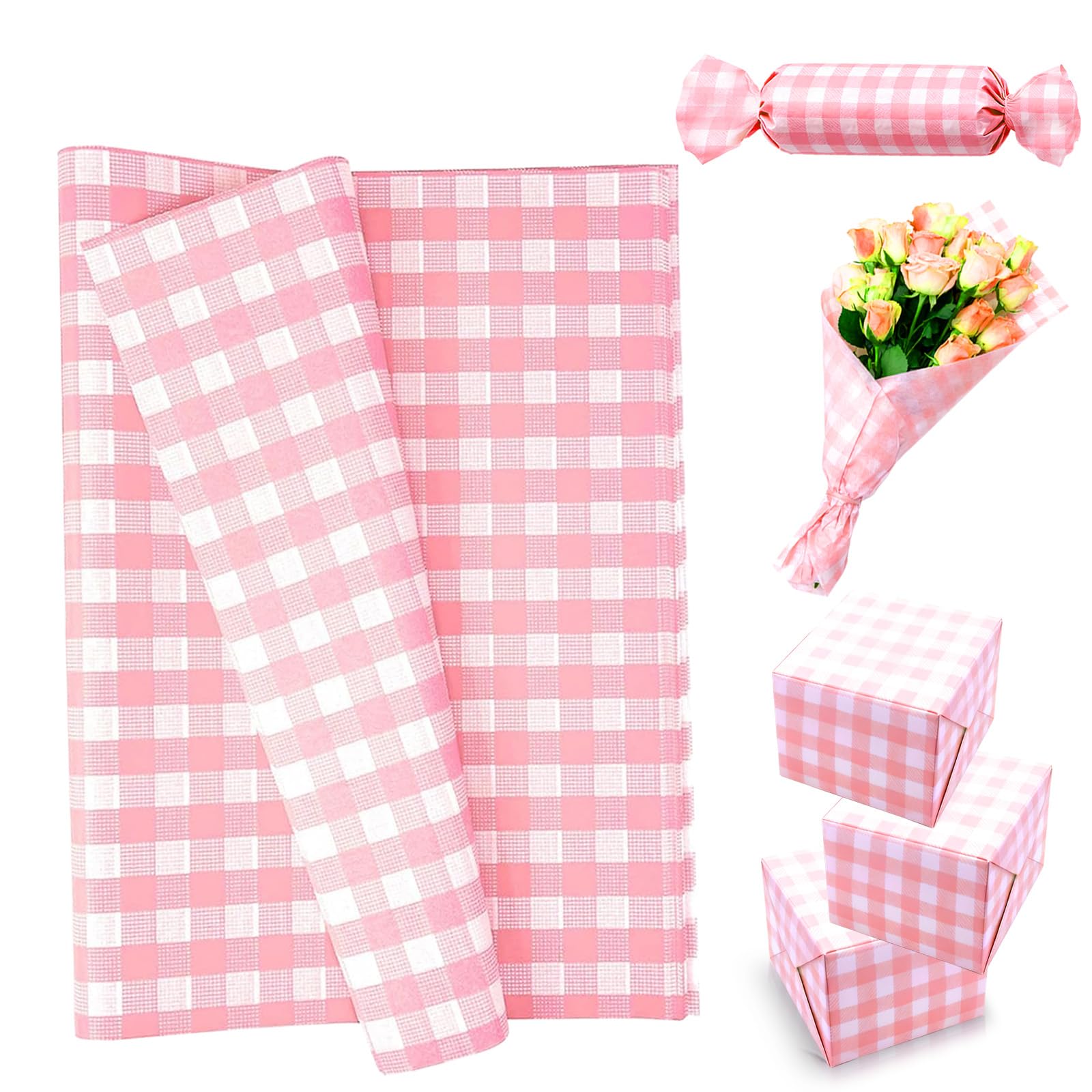 50 Sheets Pink Gingham Tissue Paper for Gift Wrapping, 35x50cm Tissue Paper Bulk for Gift Bags, Gift Packing Paper Wrapping Paper Sheets for Crafts DIY Art Wedding Birthday Baby Shower Party Favor