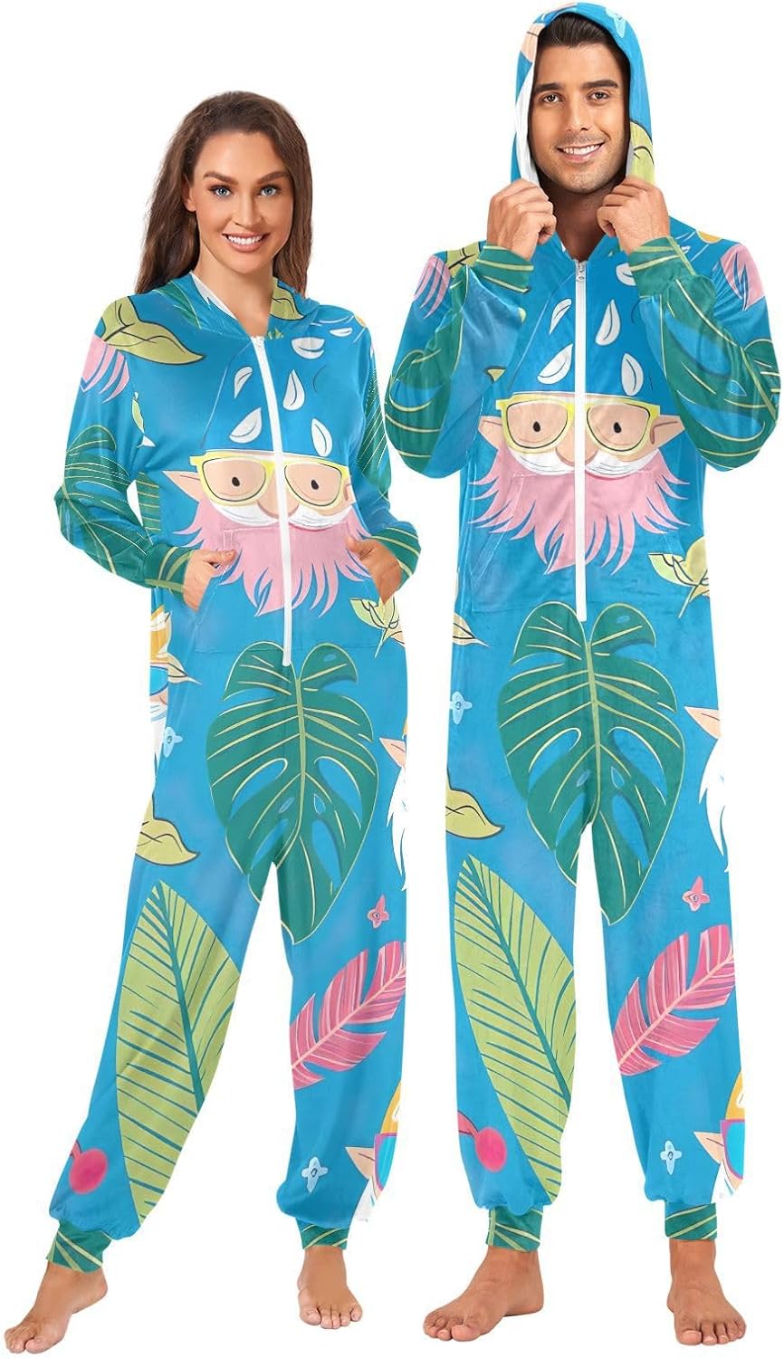 GAIREG Hawaiian Gnome Blue Mens Womens Hooded One-Piece Pajamas, Hooded Adult Christmas Pajamas