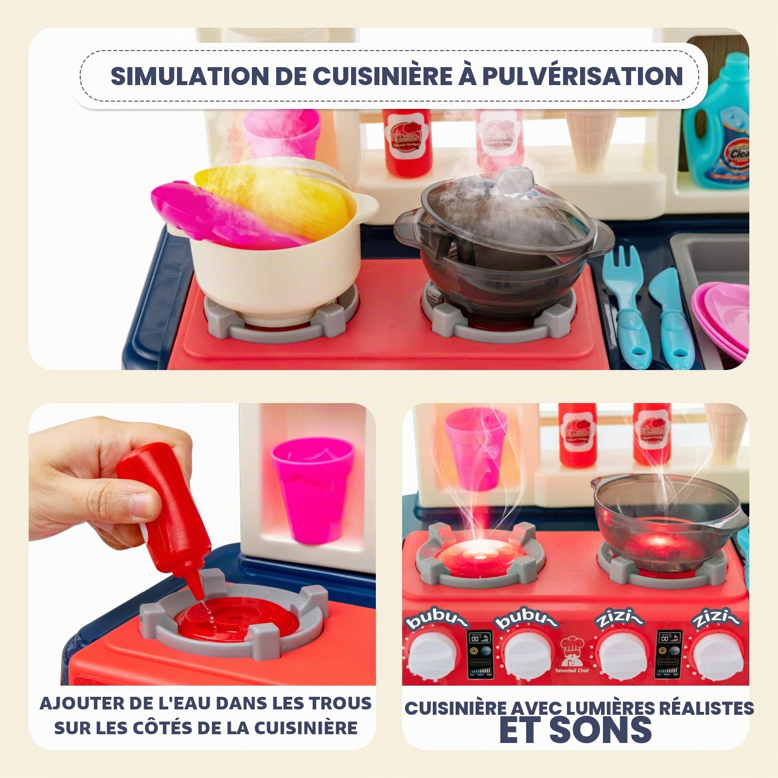 HOMASIS 65 Piece Cuisine Jouet, Ustensiles de Cuisine Accessoires avec Lumière et Son, Simulateur de Cuisine, Evier à Eau Automatique, Set de casseroles et poêles, pour Les Enfants de 3+ Ans (Bleu)