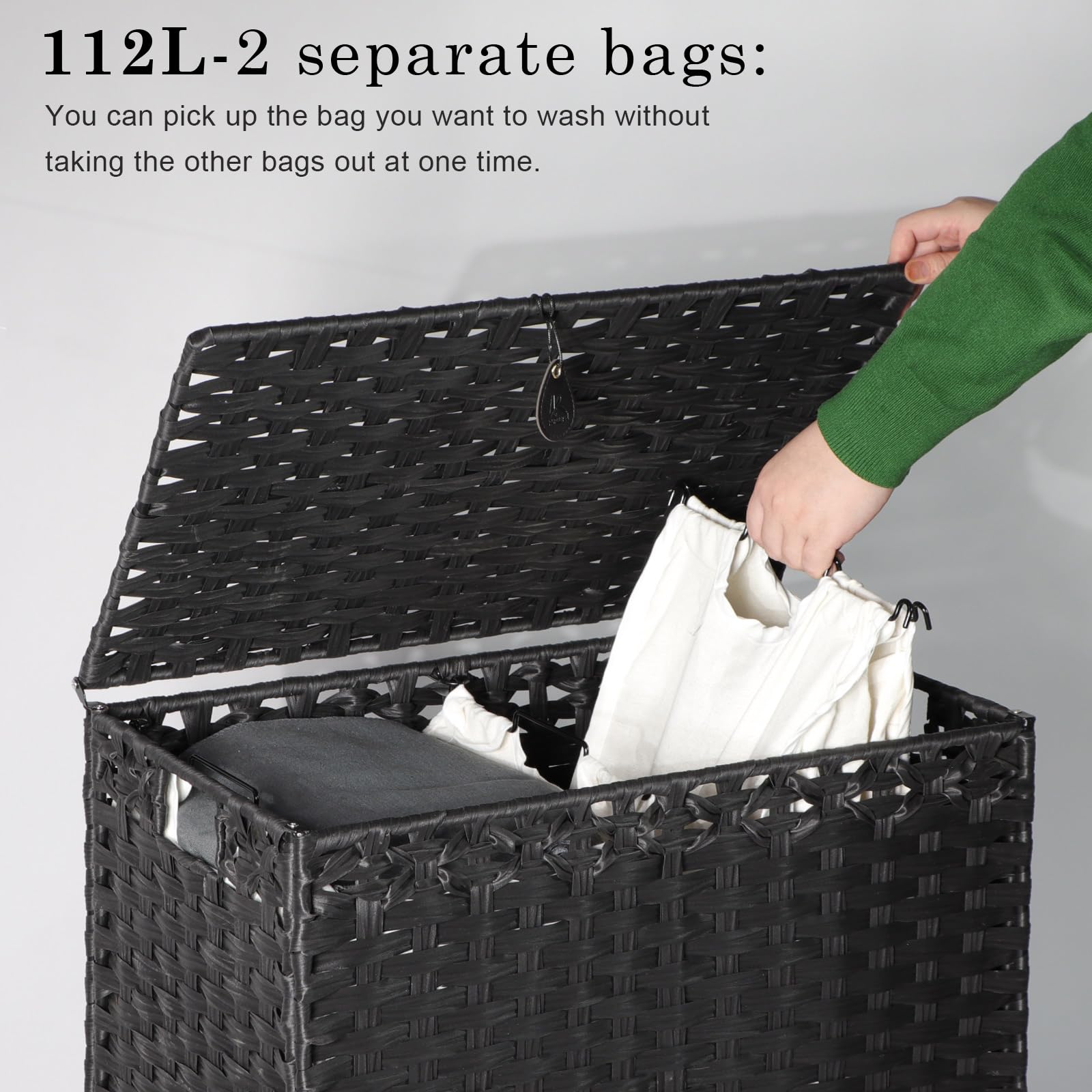 KUREEISE 3-Section Laundry Hamper With Removable Liner Bags - 132L Rattan Basket, Metal Feet, Includes 6 Mesh Bags