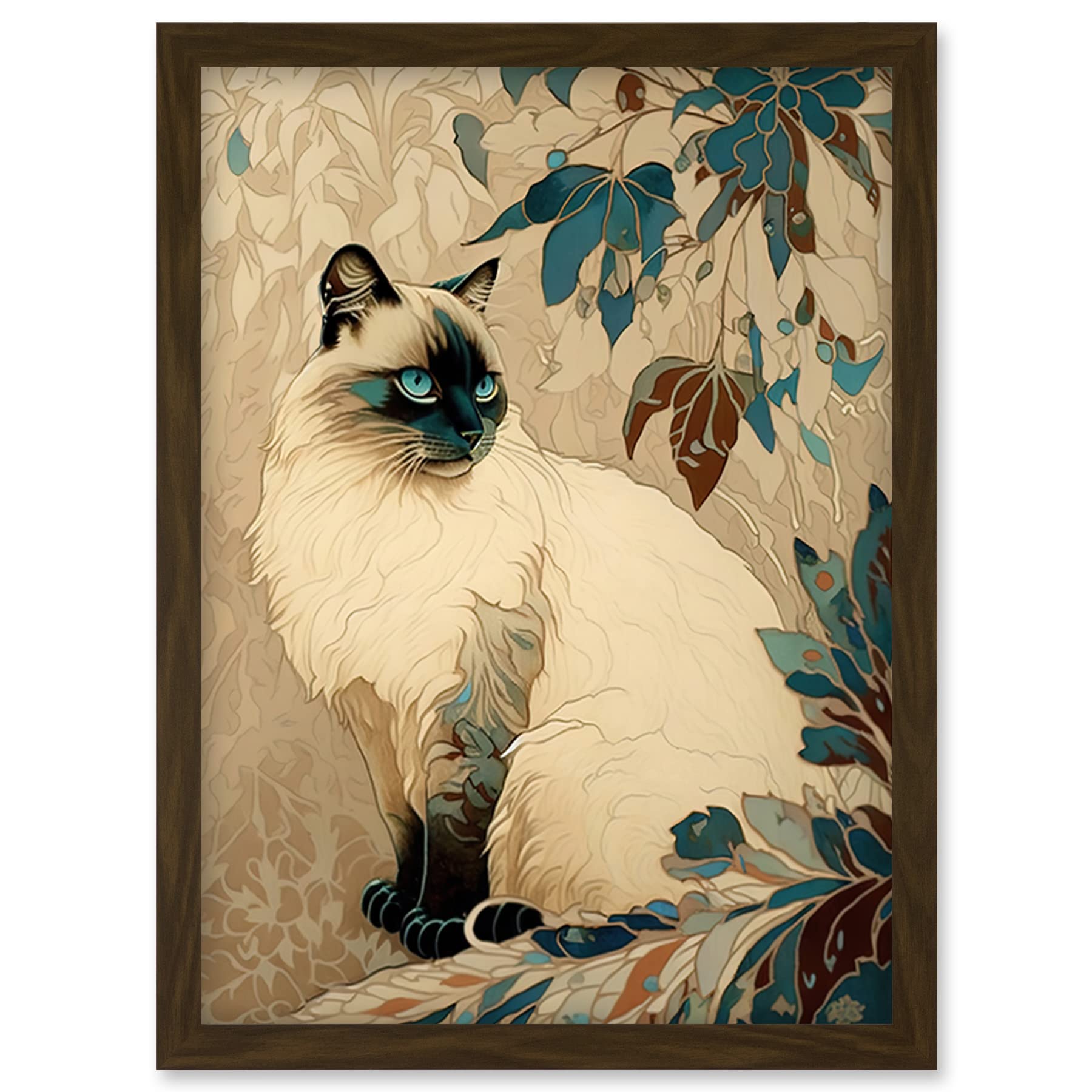 Artery8 Blue Point Ragdoll Cat and Plant Pattern Art Nouveau Modern Illustration Artwork Framed Wall Art Print A4