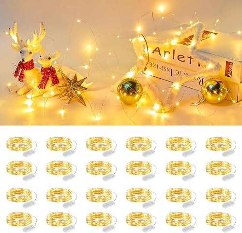 Miniatura 9 de Brightown Paquete de 24 luces LED de hadas que funcionan con pilas, 20 luces LED, 2,1 metros, cable plateado impermeable, luces de luciérnagas