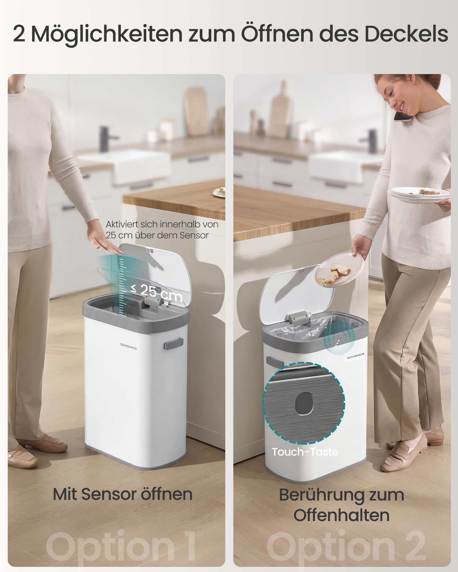SONGMICS Mülleimer mit Sensor, automatischer Abfalleimer 50 L, Öffnen per Handbewegung oder Berühren, Softclose-Deckel, Stahl, inkl. 15 Müllbeutel, weiß LTB640WZ02