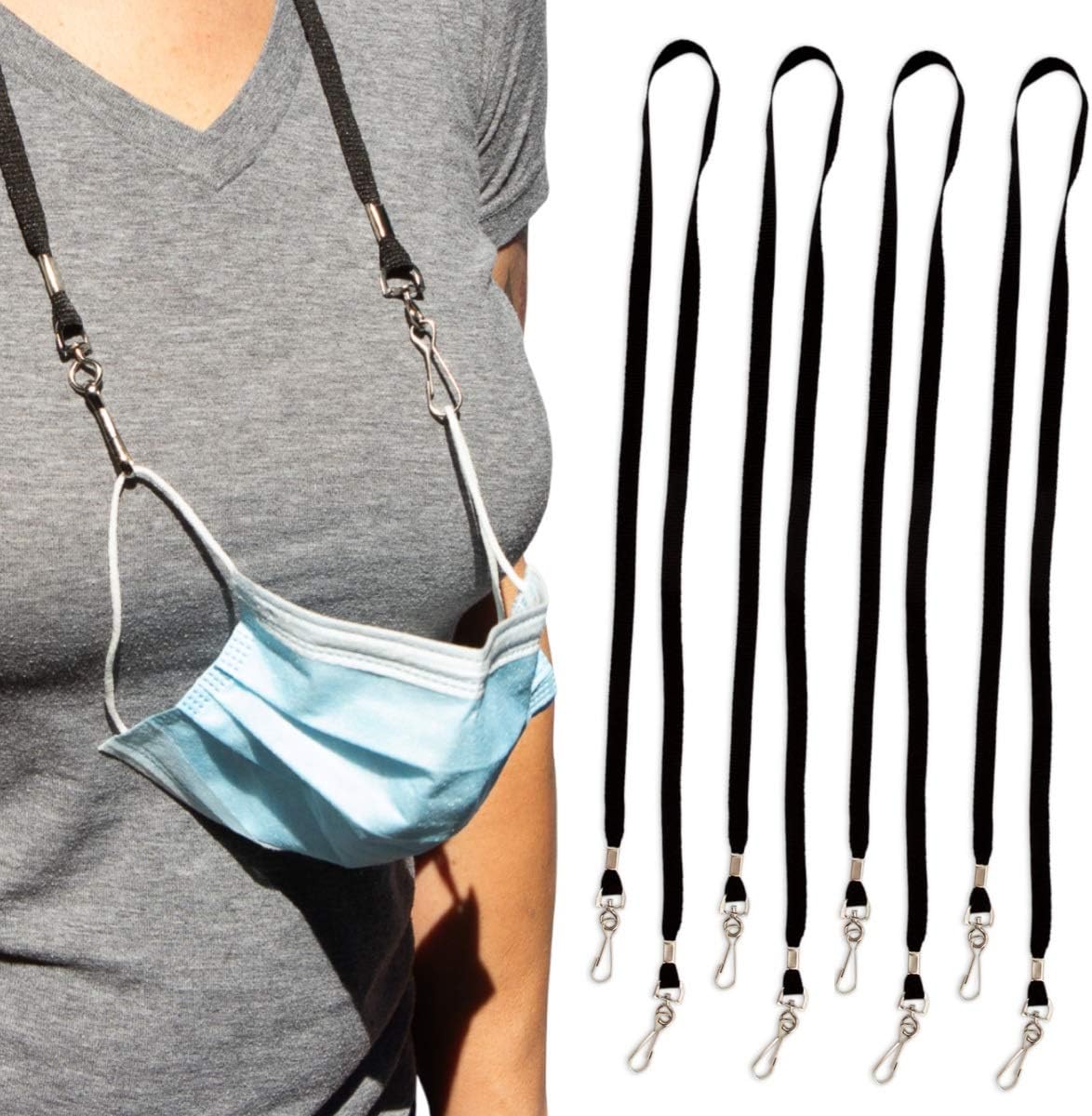 Simply Genius Face Mask Holder with Hooks, Face Mask Lanyards for Reusable or Disposable Masks, Black, Pack of 4