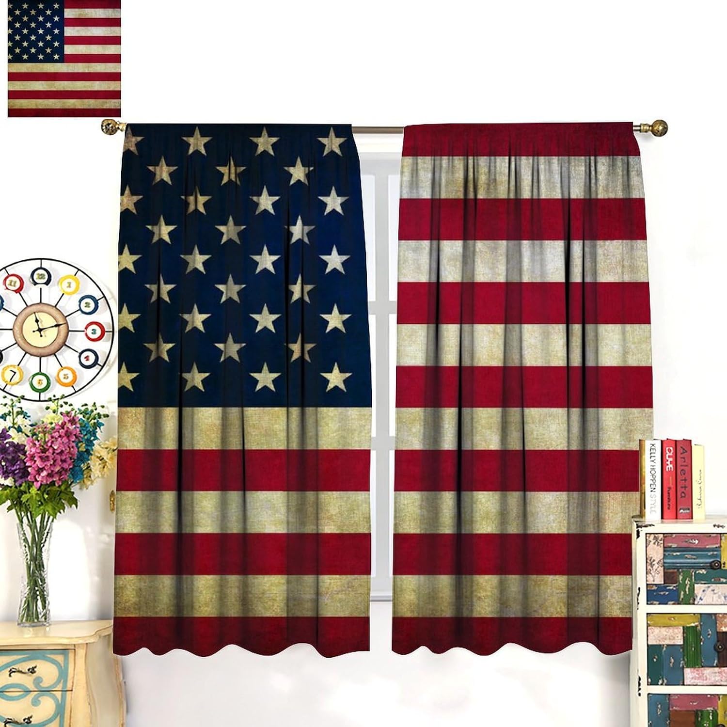 Retro USA Flag Blackout Curtains for Man Cave, Vintage Old Yellowed American Patriotic Backdrop Window Treatments, Rod Pocket Drapes for Boys Teens Bedroom, 42x45in
