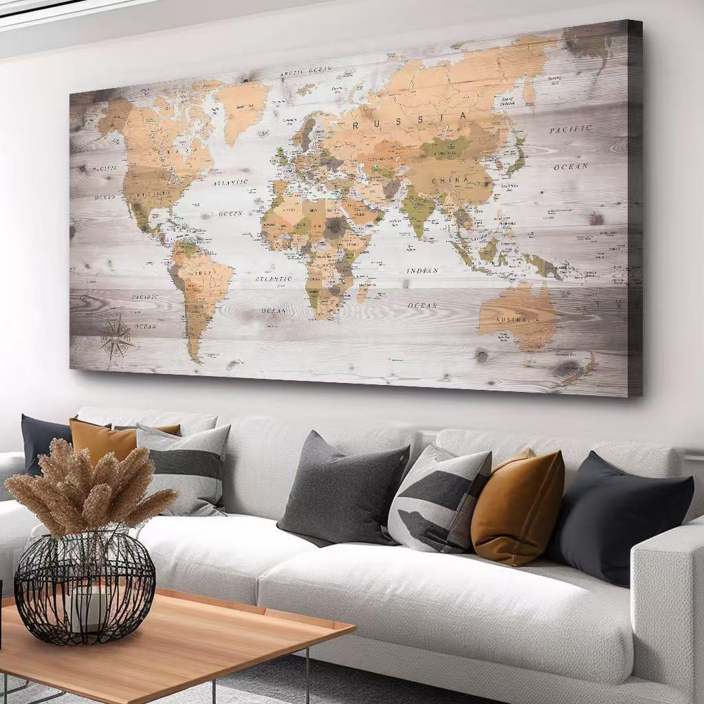Large Wall Art grey map of The World Painting Ready to Hang 36"x70"Large Framed Wall Art World Map Canvas Map Decorations Artwork Prints