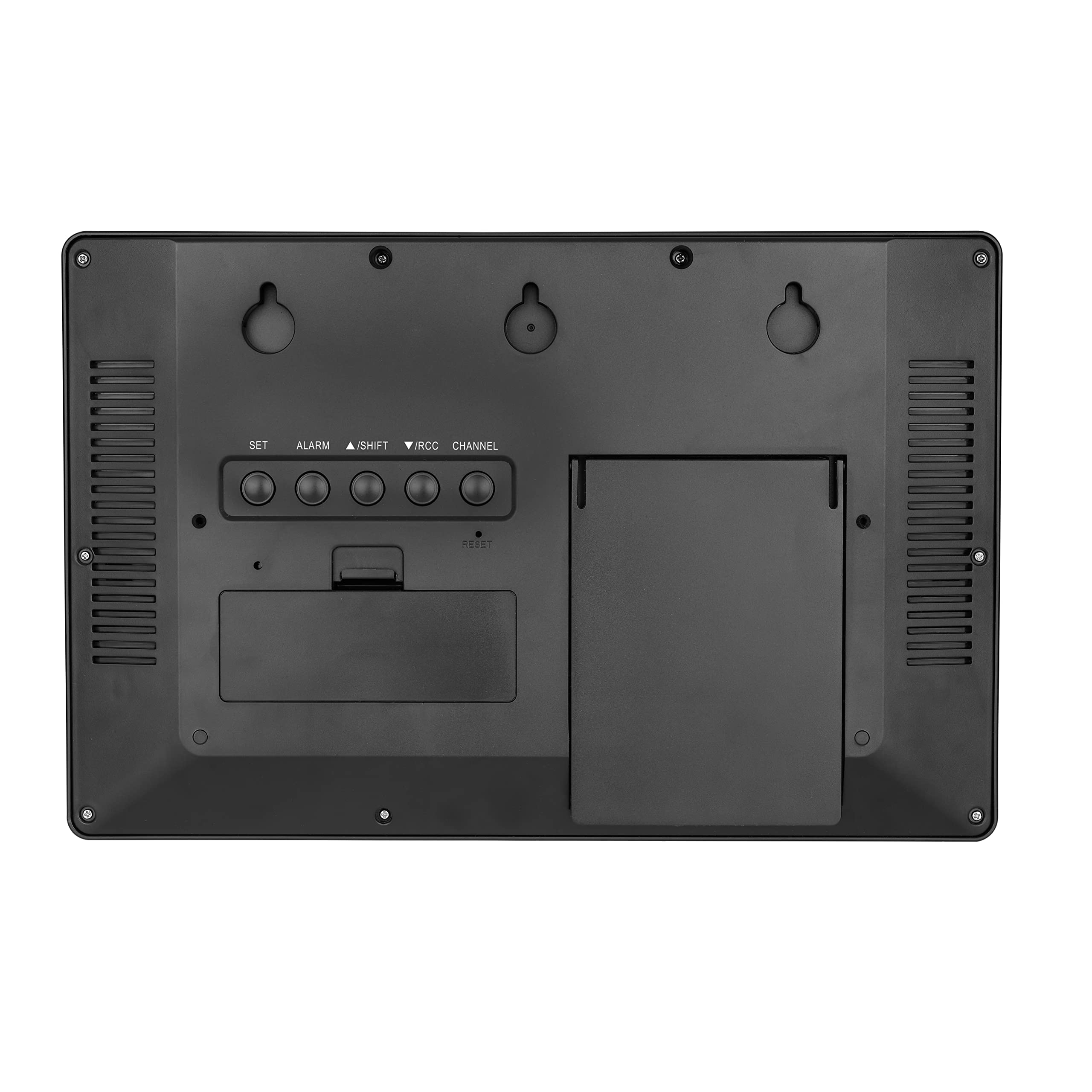 Atomic Clock Large Display, digitale wandklok met binnentemperatuur en datum, draadloze buitensensor, digitale bureauwekker, werkt op batterijen, gemakkelijk af te lezen, zwart