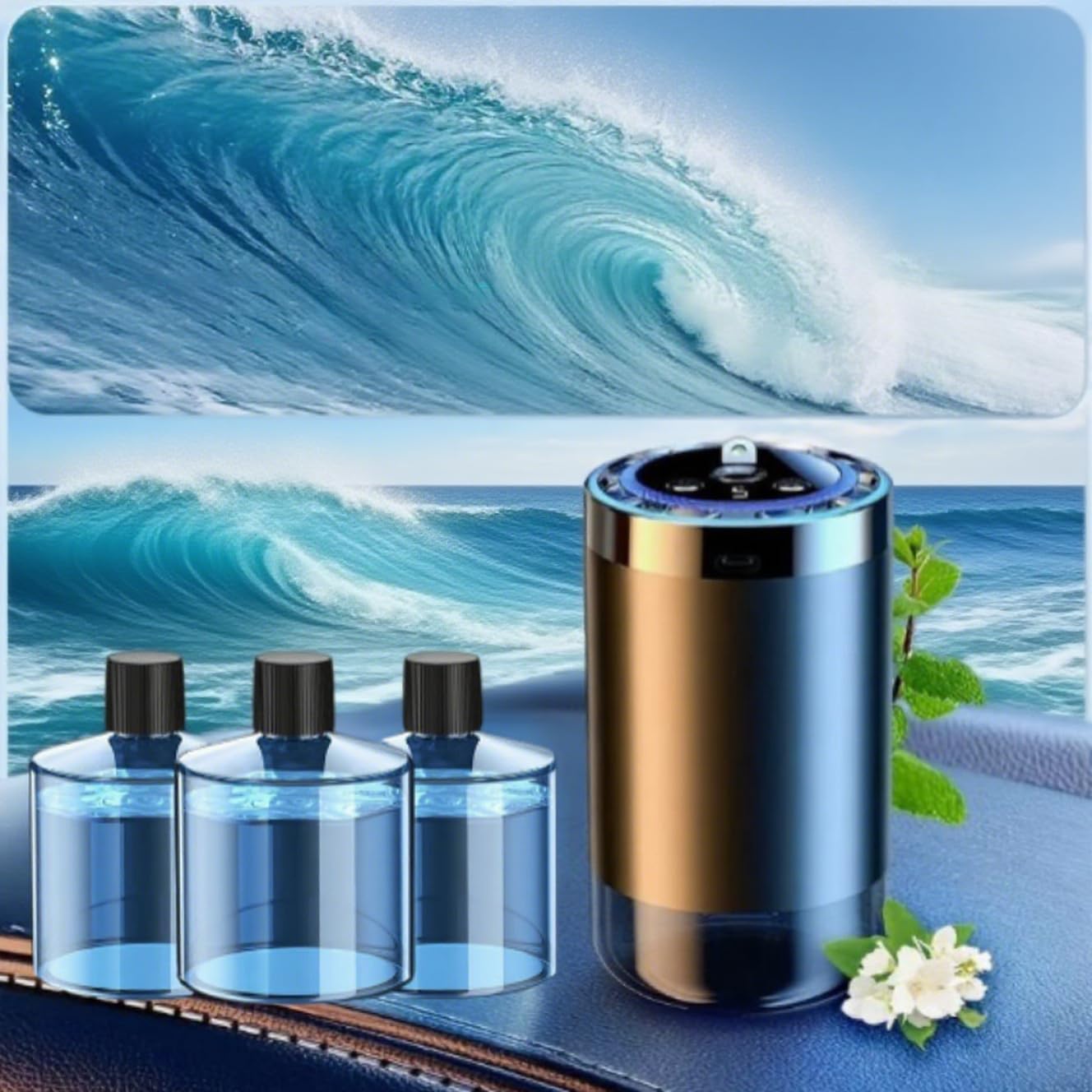 Smart Car Air Freshener, Natural Scented Air Freshener with Starry Sky Projector, Car Essential Oil Diffuser, Auto On/Off, Gifts for Men and Women (C5 Diffuser 3pc Marine Essential Oils)