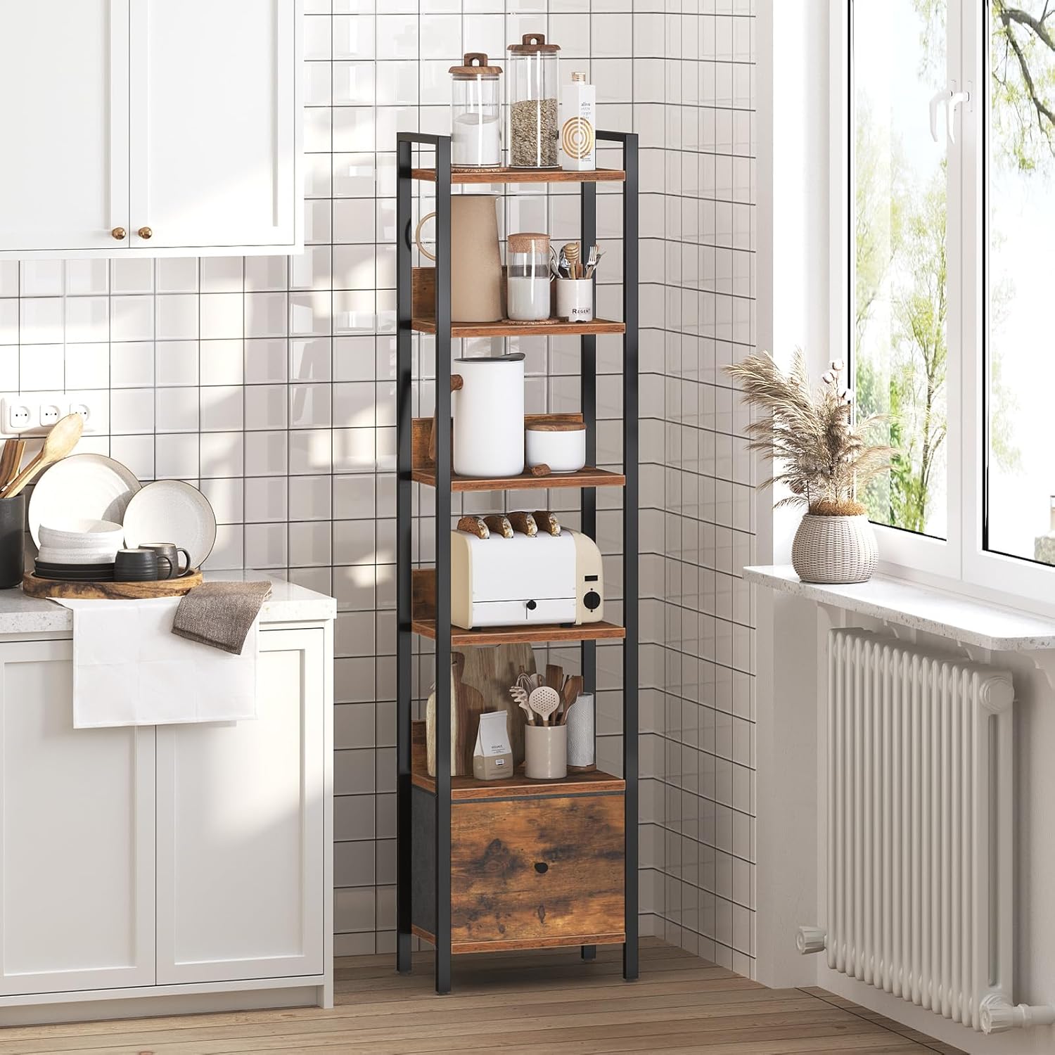 MAHANCRIS 6-Tier Bookshelf with Drawer used as a kitchen storage unit