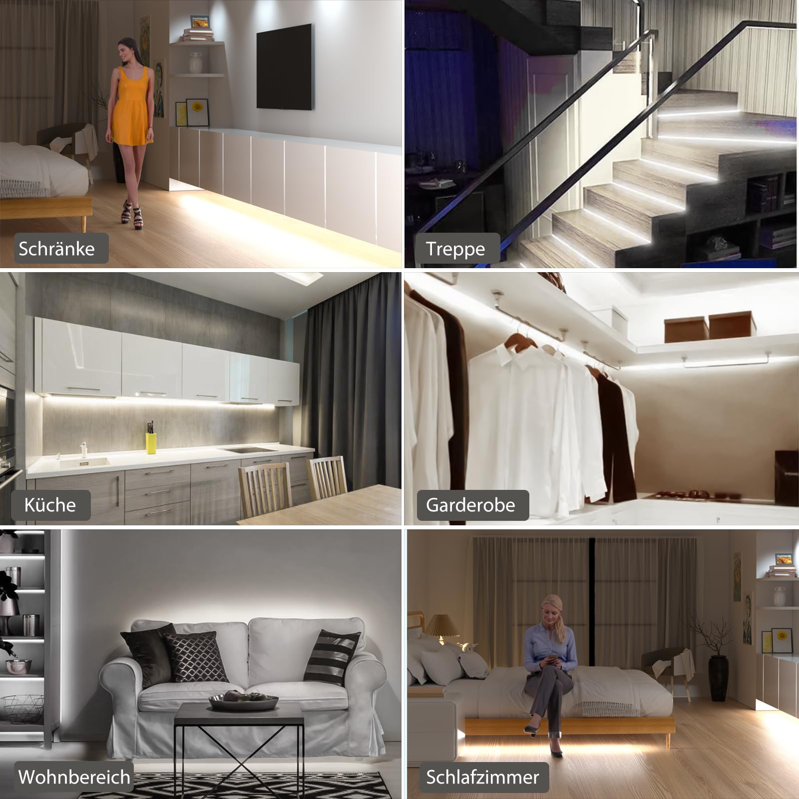 Sensky Striscia LED da 6 m, dimmerabile, con sensore di movimento PIR, per interni, 12 V, luce bianca fredda, 6000 K, illuminazione per corridoio, armadio, cucina