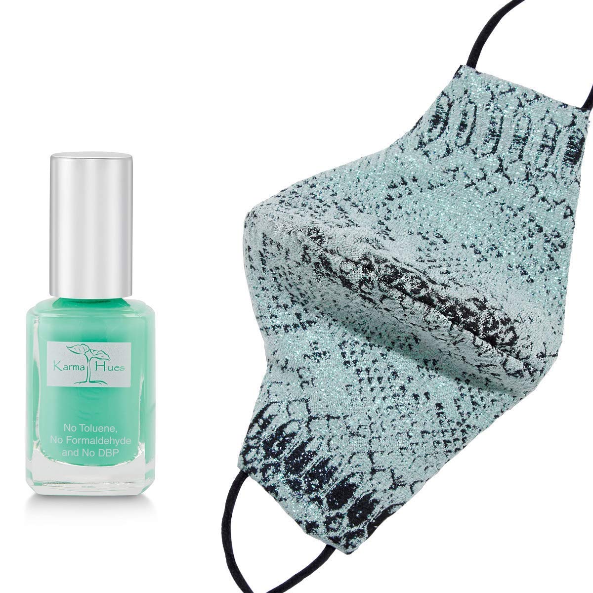 Karma Naturals Nail Polish - Non-Toxic with Matching Fashion Face Mask Breathable Washable Reusable Face Cover for Men & Women (Iridescent Aqua Python Mask)