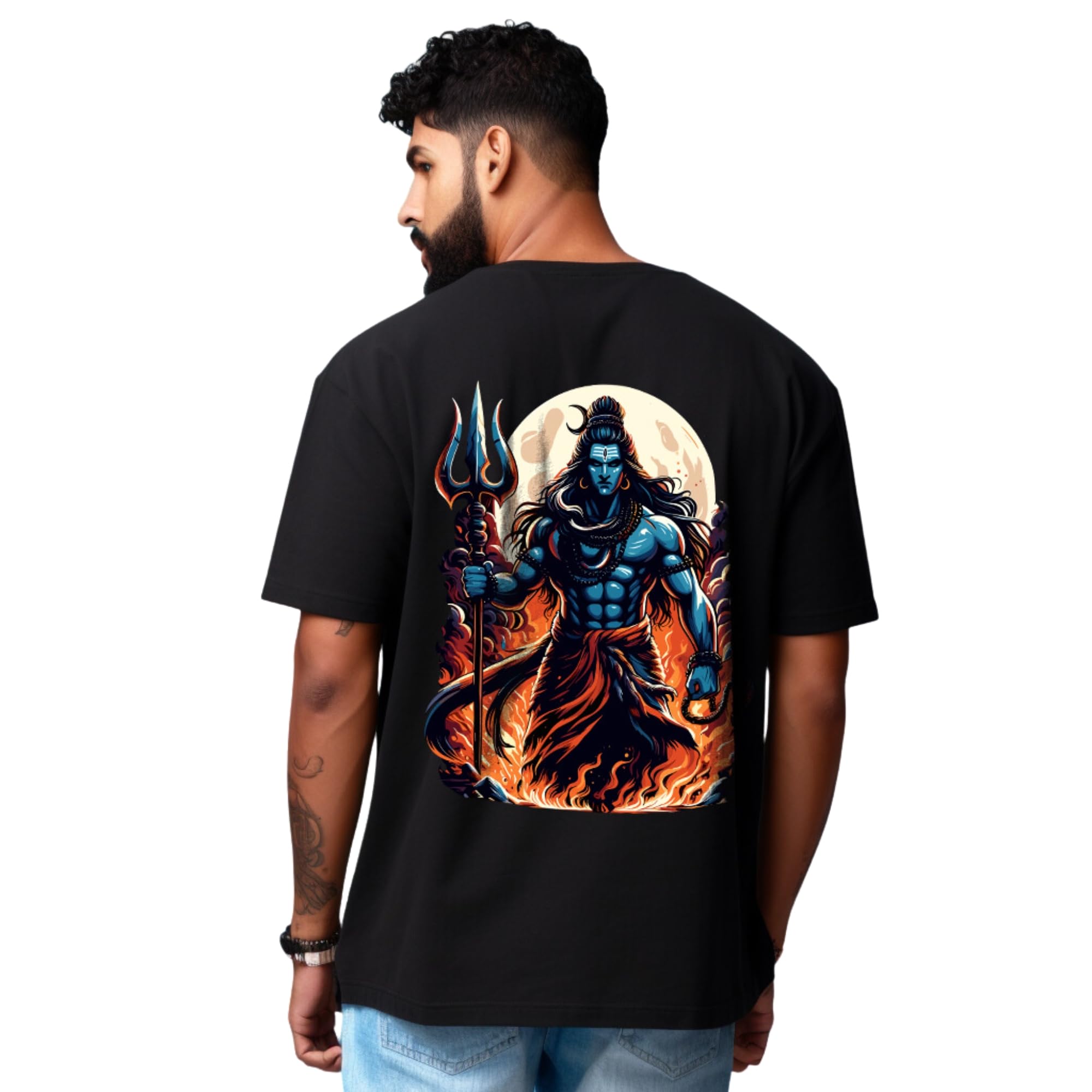 prabhu bhakti Men's Oversized Lord Shiva with Tripund Printed Black T-Shirt |Back Print Drop Shoulder Pure Cotton Oversized Tshirt for Men-picture-40