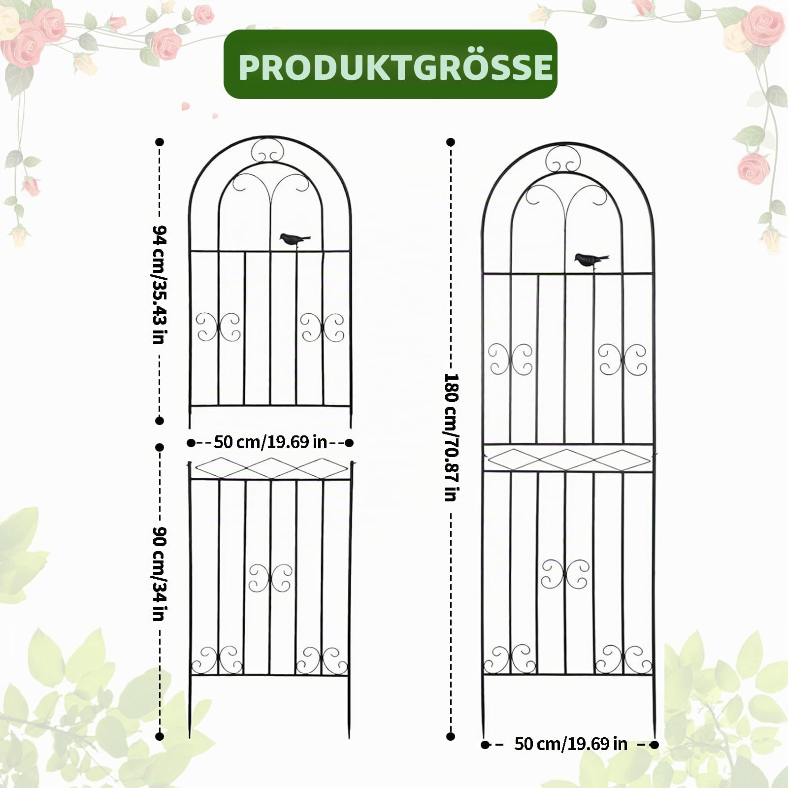 Rankgitter, 2-teiliges Set an Rankhilfen aus Metall, 180 × 50 cm, rostbeständig, für Rosenranken, Weinreben und Kletterpflanzen, zur Gartendekoration in Schwarz.