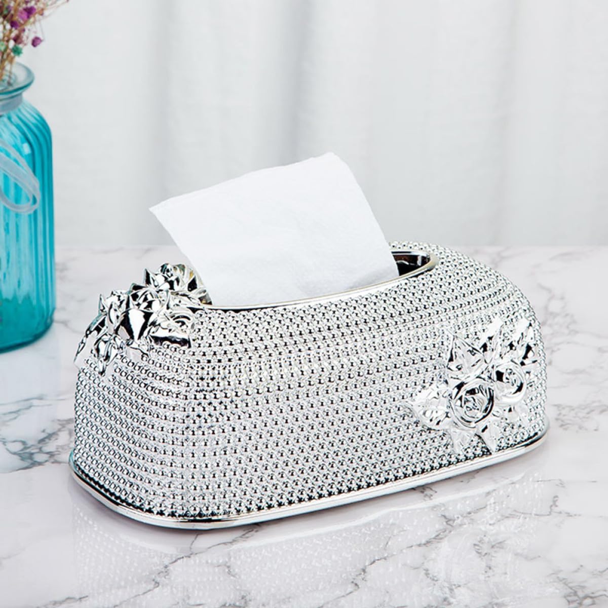 Decorative Napkin Box Acrylic Silver Tissue Container for Hotel Desktop