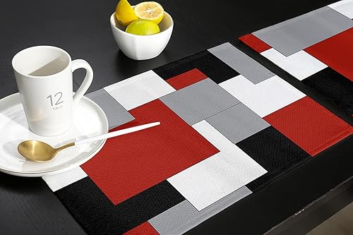 Miniatura 5 de Juego de 4 manteles individuales rojos, negros y grises, con aislamiento térmico, antideslizantes, lavables, manteles individuales de comedor, arte