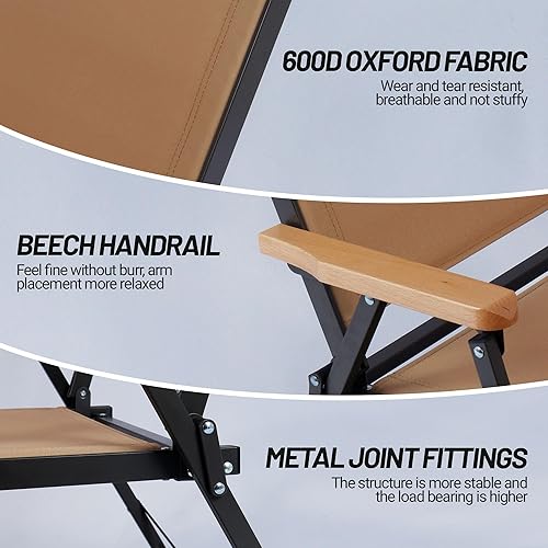 Miniatura 4 de Silla de camping plegable ligera, silla de playa de aluminio marrón grava para exteriores con reposabrazos de madera maciza, silla de pesca plegable