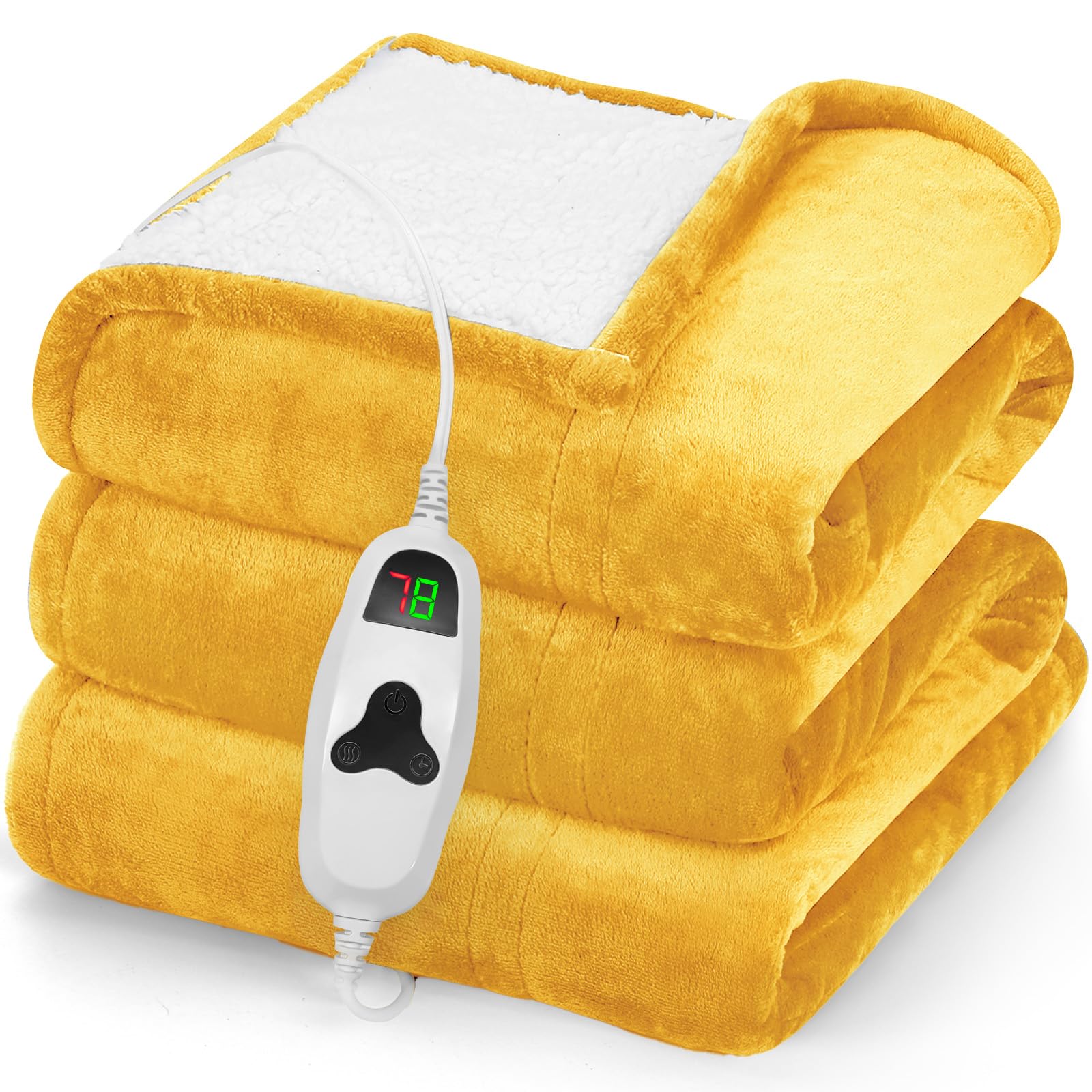 greenoak Heated Blanket Electric Throw 50"X60", Heating Blankets with 10 Heat Levels 8 Hours Auto-Off Overheat Protection, Soft Flannel Sherpa Fluffy House Warming GIF, ETL Certified Ginger Yellow