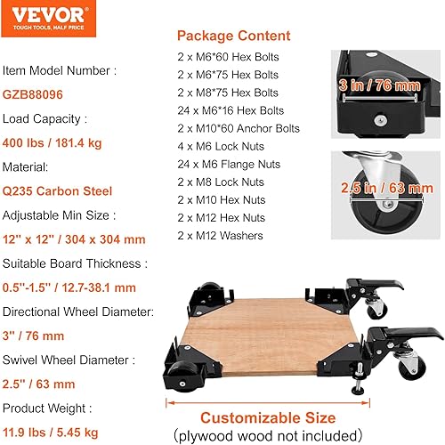 Miniatura 7 de Base móvil VEVOR, base de herramienta móvil de capacidad de 400 libras, ruedas de sierra de mesa, 2 ruedas giratorias, base móvil, 2 ruedas fijas,