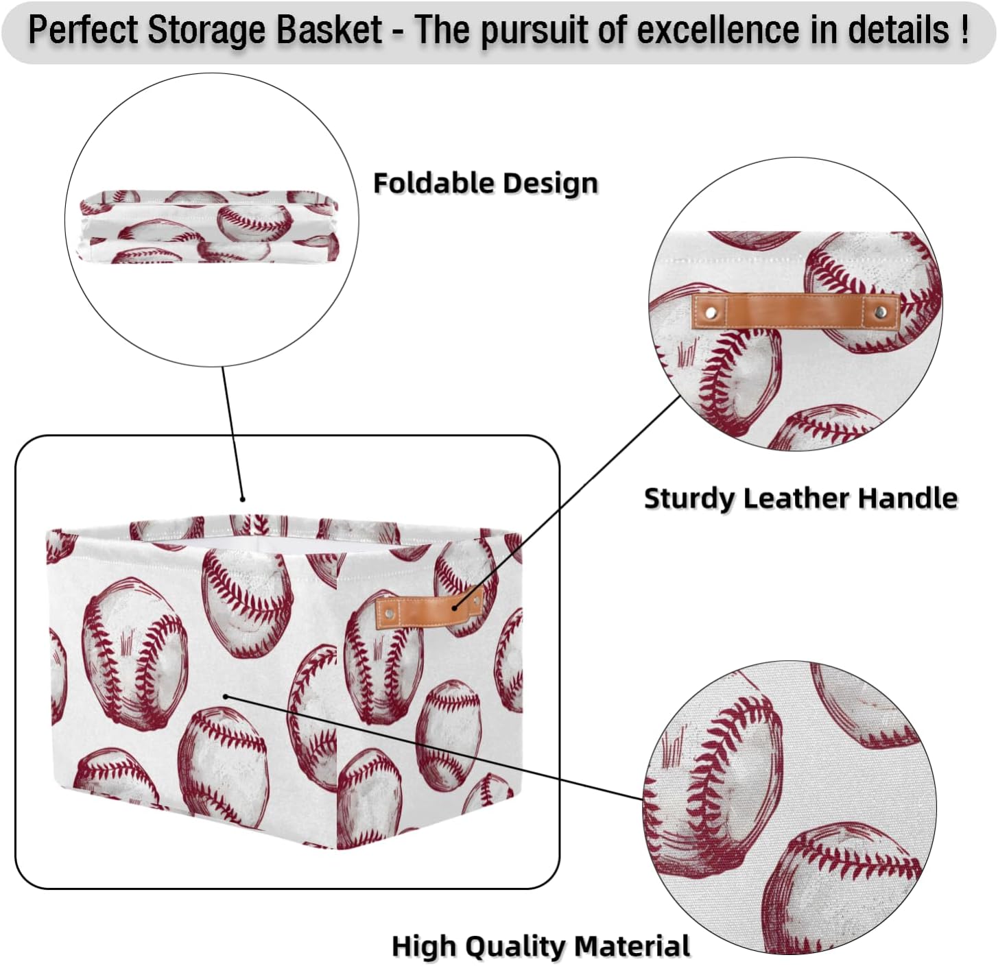 Cute Storage Bins for Organization, Canvas Book Storage Bins Handles, Bedroom Shelves Decorative Baskets for Organizing, Fabric Cube Bin Classroom Dorm Closet Organizer Box (Baseball)