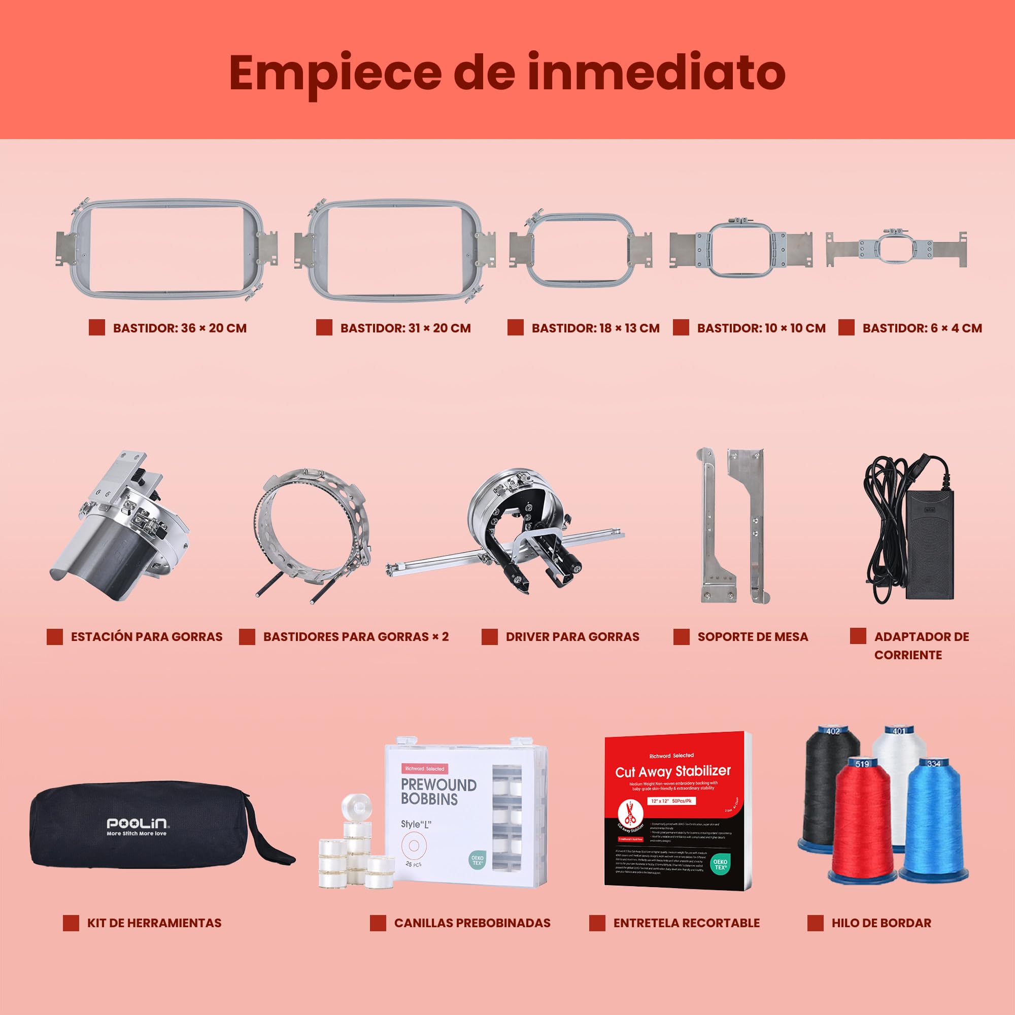 PooLin EOM Máquina de bordar profesional industrial y compacta. Inicia tu proyecto empresarial comercial. Personaliza gorras, sombreros, camisas, suéteres y mucho más.