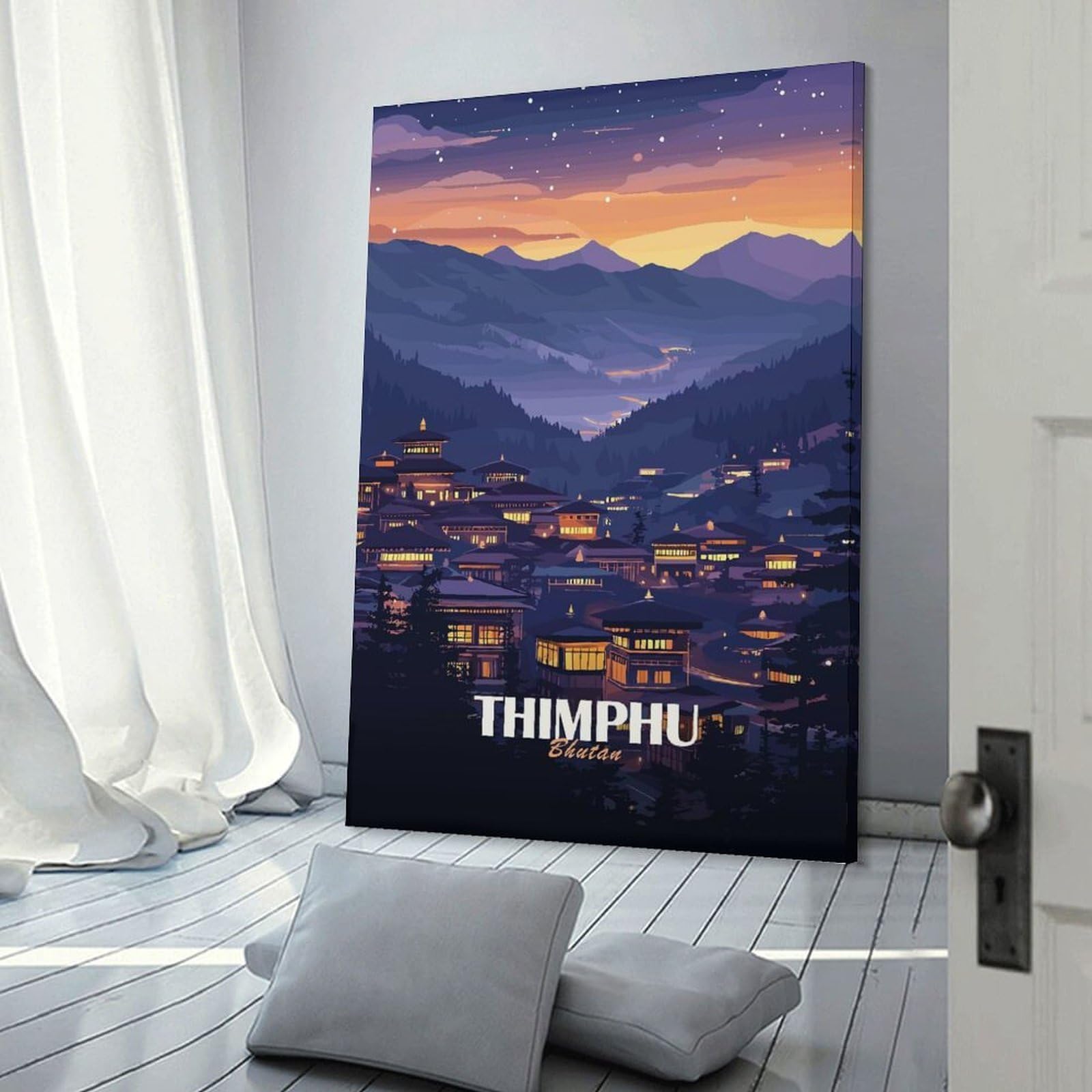 Junmoney Decorative Canvas Print Thimphu, Bhutan at Night, 20x30inch(50x75cm), for New Homes, Bedrooms Or Workspaces, Thoughtful Wall Decor for Art Lovers