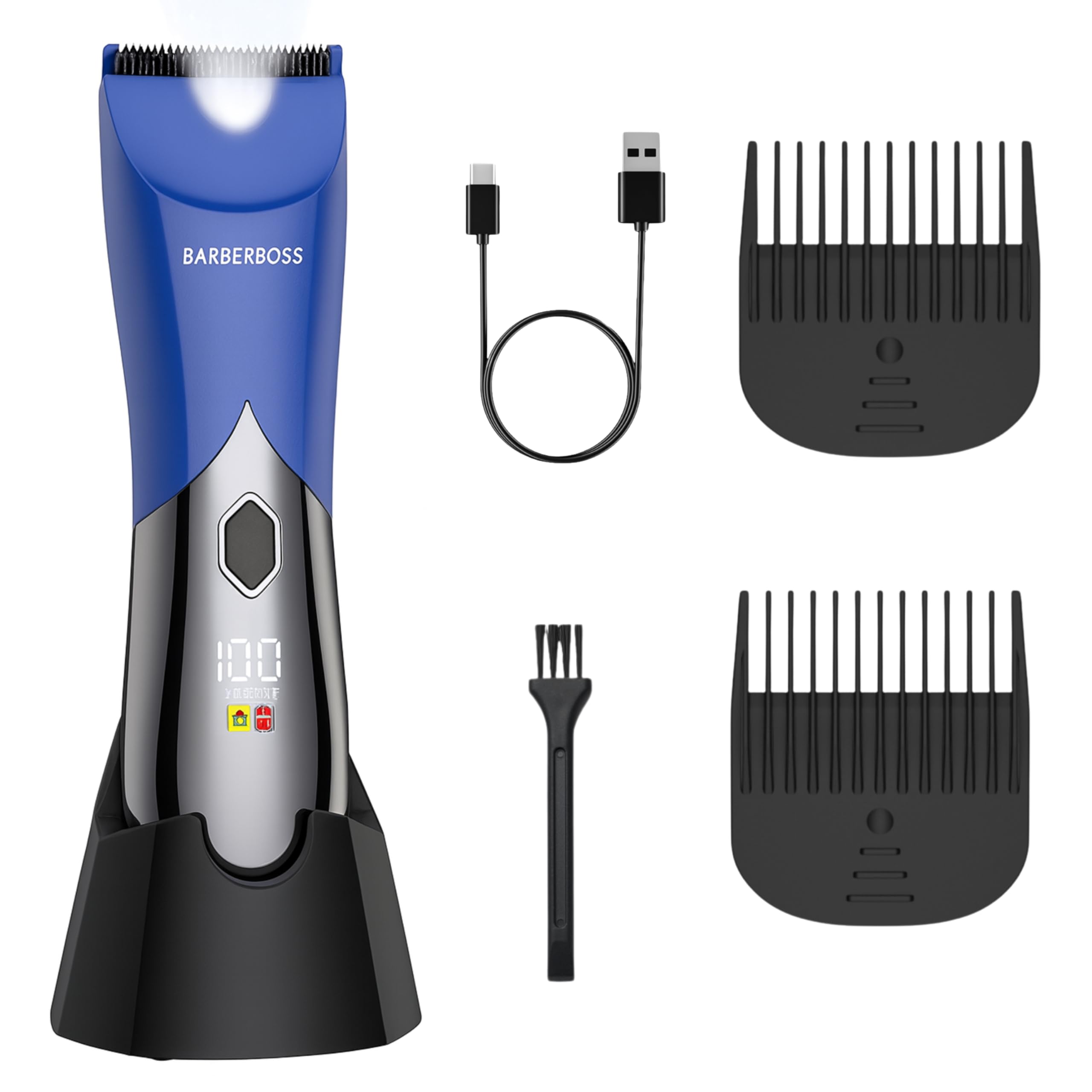 BarberBoss Tondeuse rechargeable pour homme, rasoir bleu étanche pour l'aine, écran LED, tondeuse corps et barbe avec sabots réglables