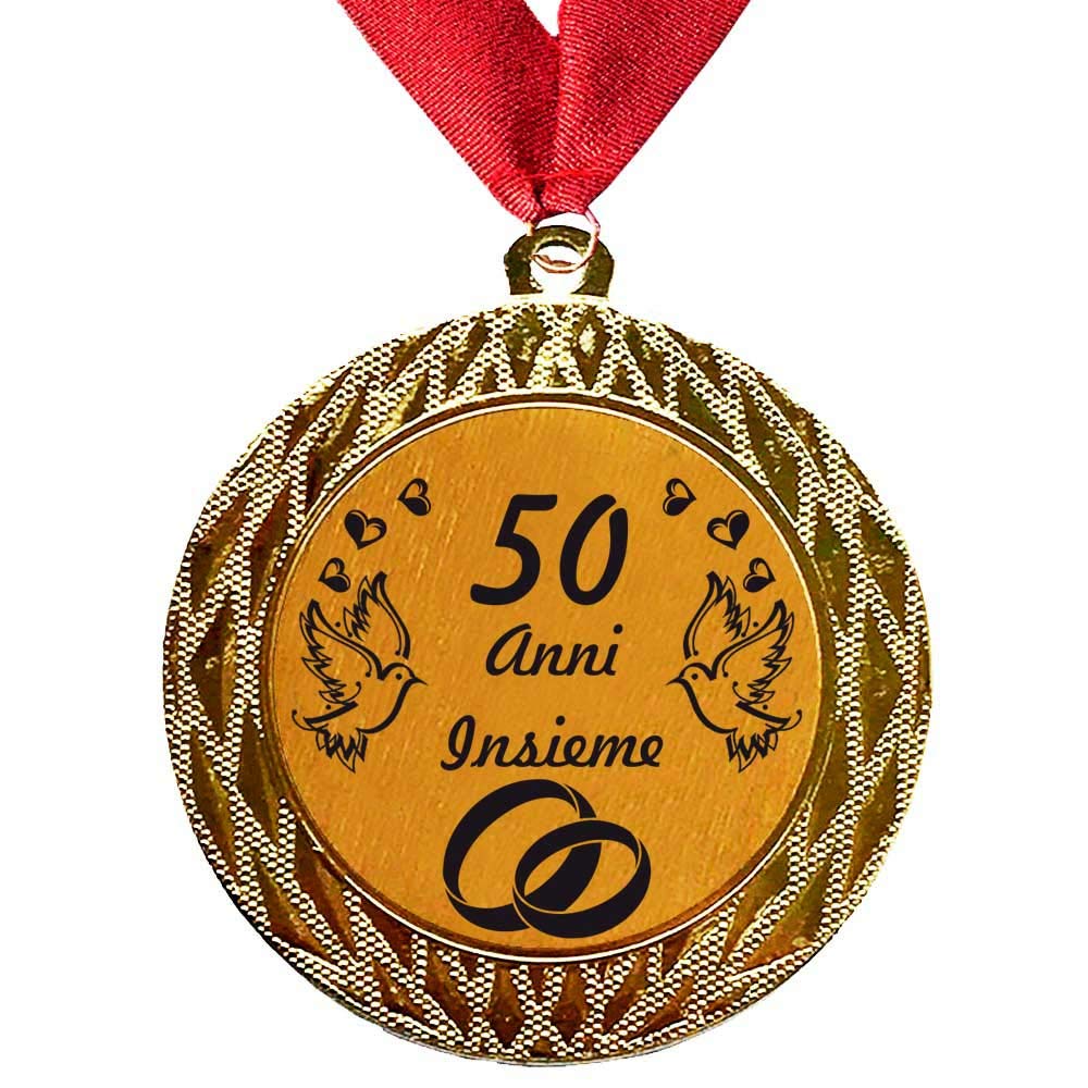 Medaglia Regalo di 50 Anni Insieme o Il Testo Desiderato - Anniversario di Matrimonio in Oro con Colletto in Oro