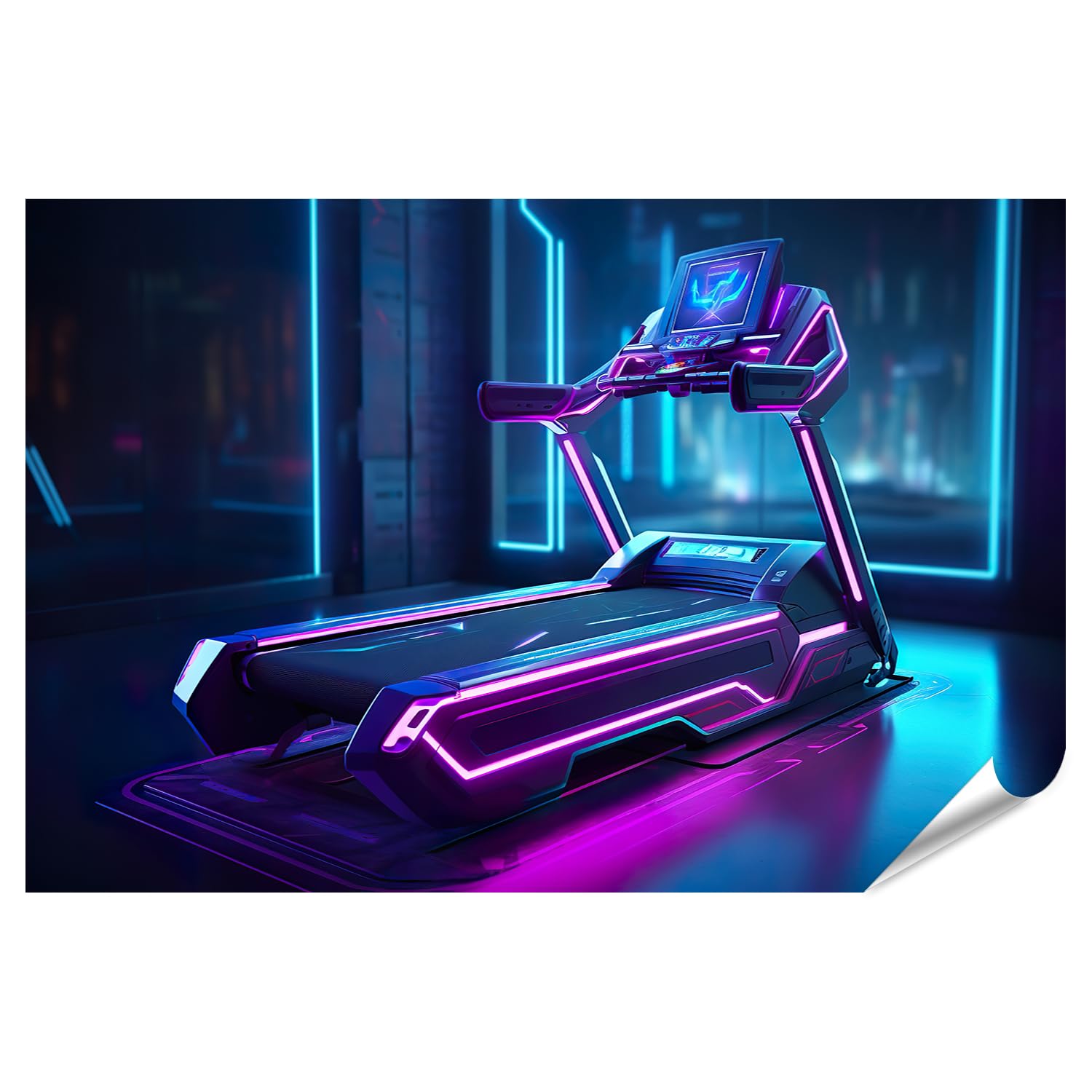 islandburner Poster XXL con immagine futuristica al neon tapis roulant in stile cyberpunk, palestra, viola, blu, arte di alta qualità, stampa fotografica