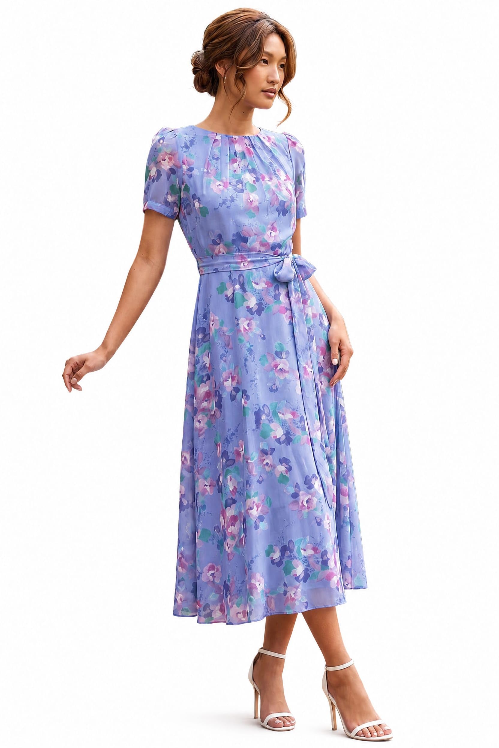 Roman Women's Blue Mini Floral Pleat Neck Dress In | : Size 18