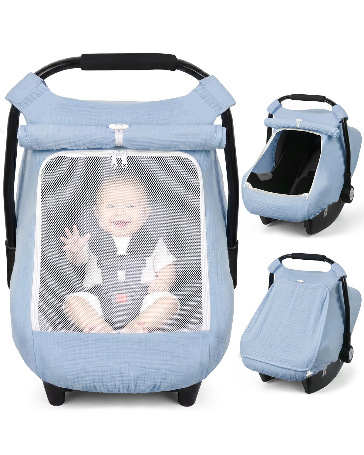 Rquite Car Seat Cover Baby, Carseat Covers Girl Boy, Breathable Muslin Cotton, Large Mesh Window, Infant Car Seat Canopy Baby Carrier Cover Stroller Sun Shade for Summer & Hot Day, Pink