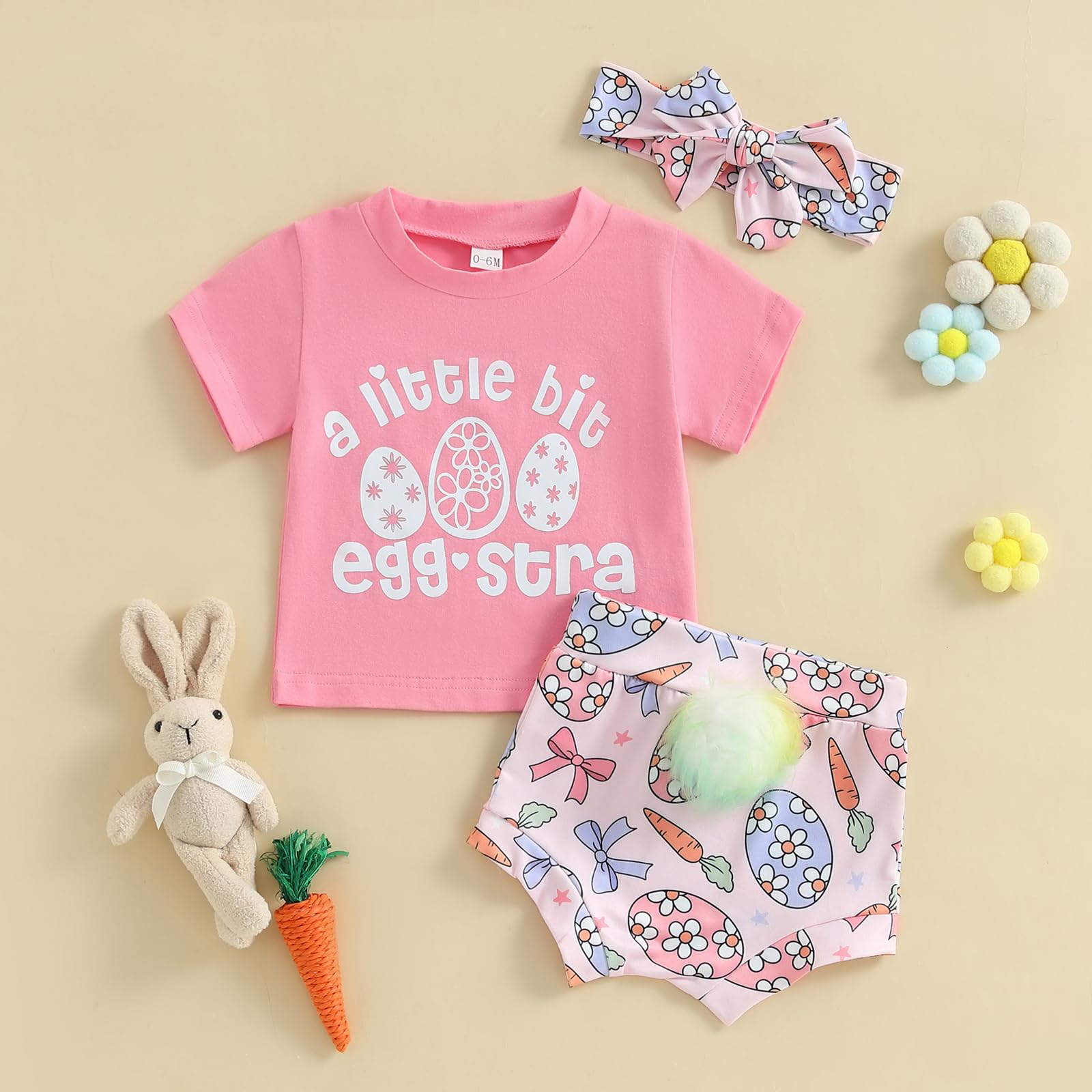 Hekkomird Baby Girl Easter Outfits Cute Letter Short Sleeve T-Shirt Top Bunny Shorts Bow Headband Infant Summer Clothes (Pink, 18-24 Months)