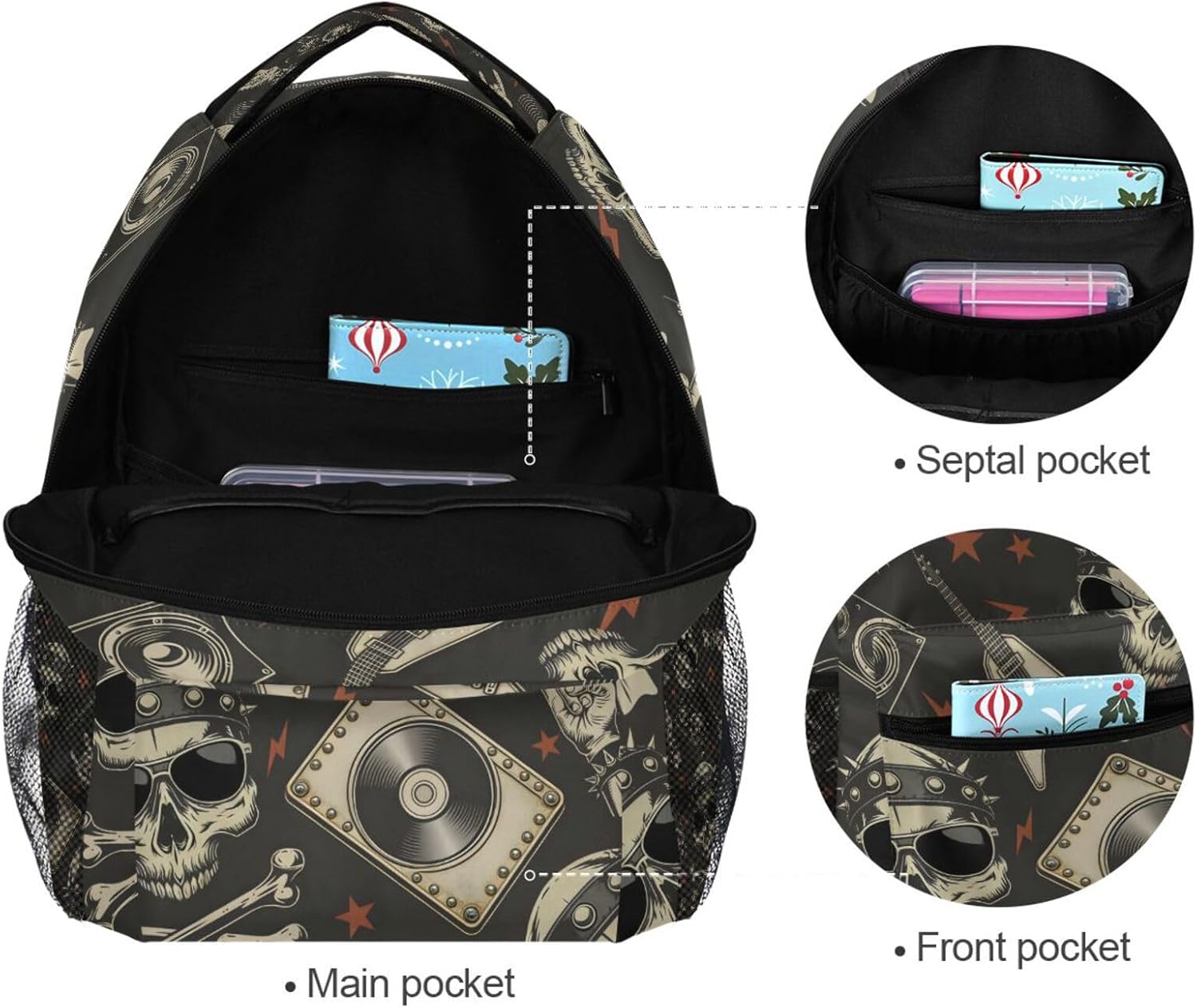 ALAZA Punk Skull Rolk Music & Guitar Large Backpack Personalized Laptop iPad Tablet Travel School Bag with Multiple Pockets