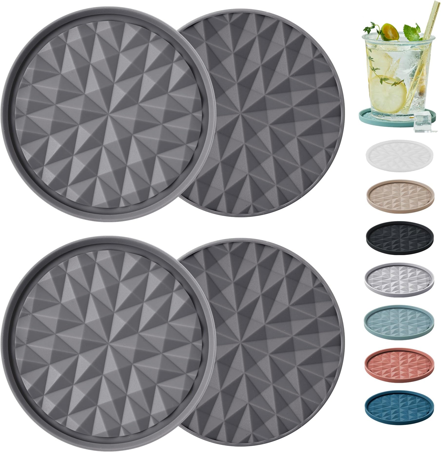 Silicone Coasters for Drinks[4 Pack]- Cup Mat for Tabletop Protection-Non-Slip, Non-Stick, Coffee Table Decor, Housewarming or Hostess Gift, Dark Grey