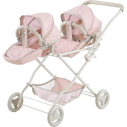Olivia's Little World Twin Baby Doll Stroller, Double Bassinet Stroller Kids Baby Strollers for Dolls with Retractable Canopy & Storage for Kids Ages 3+, Pink/Gray