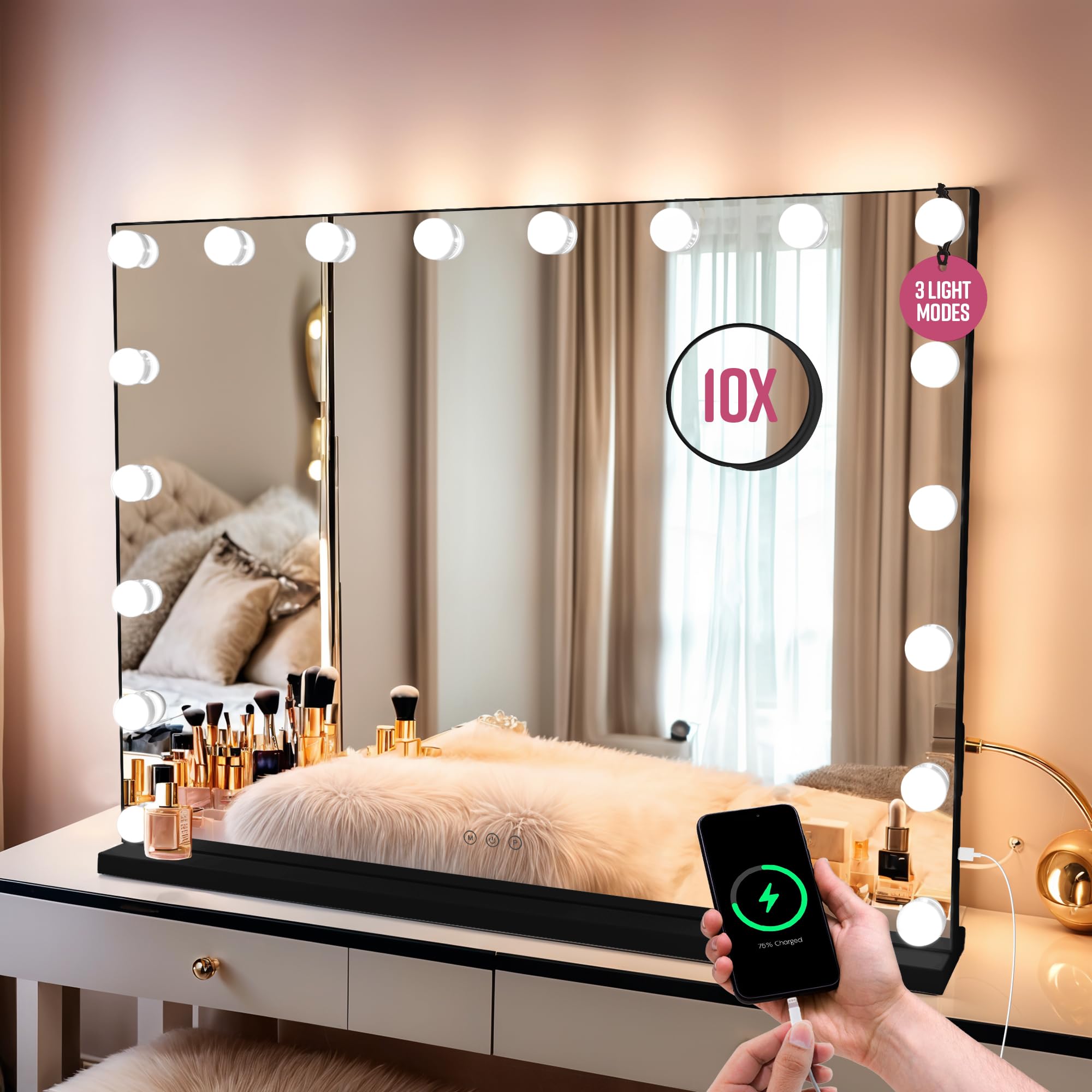 GloBrite Hollywood Vanity Mirror with Lights - 18 LED Bulbs - 3 Lighting Modes, 10x Magnification, Touch Control, USB Charging, Wall/Tabletop, Mirror for Dressing Table, Bathroom or Bedroom - Black — image 1