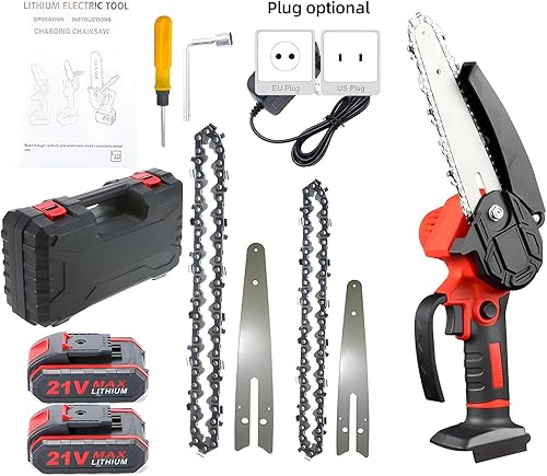 Miniatura 9 de Mini motosierra eléctrica portátil de 4 pulgadas y 6 pulgadas inalámbrica con 2 cadenas, 2 baterías, tijeras de podar de mano para ramas de árboles,