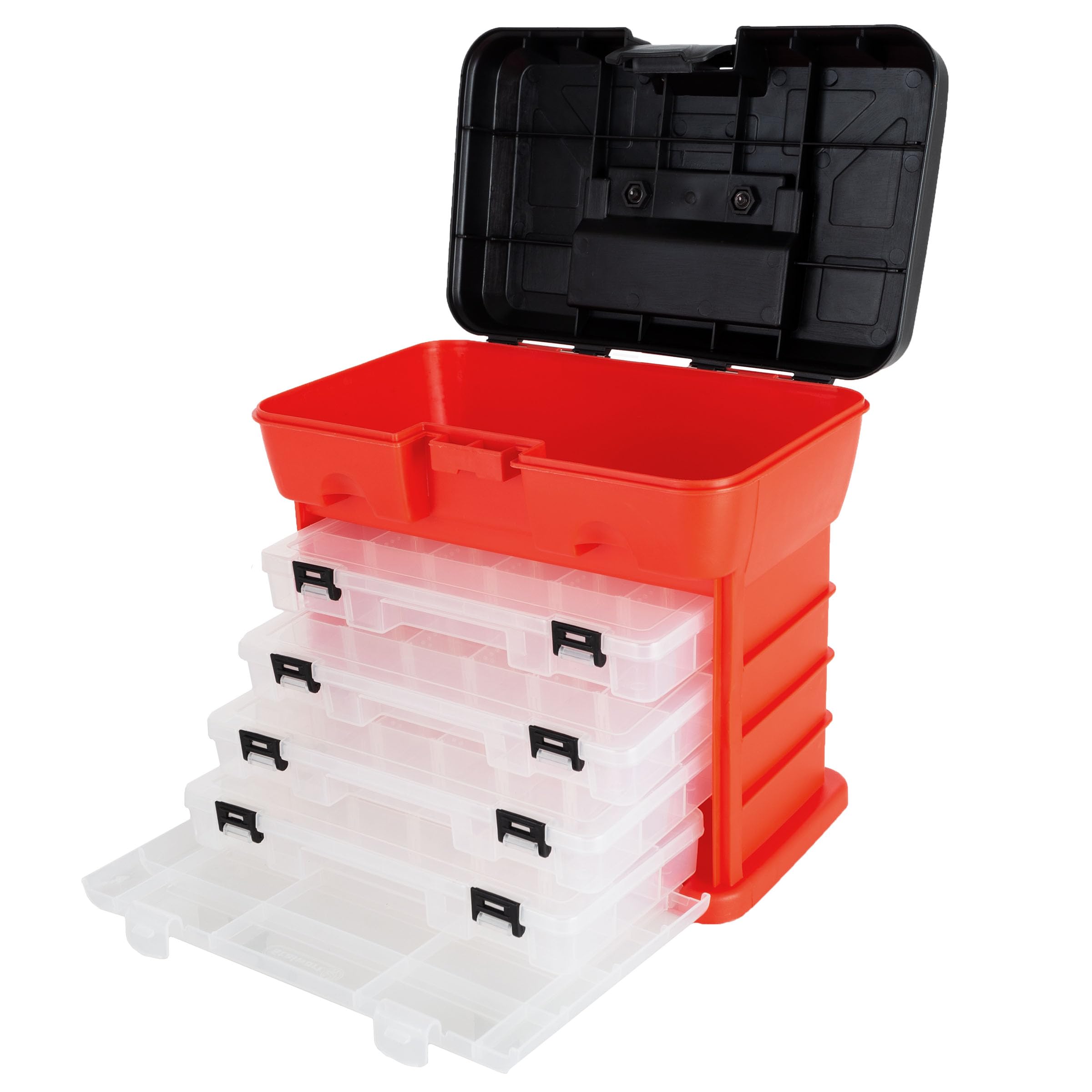 Stalwart - Caja de herramientas de almacenamiento, organizador portátil multiusos con compartimento superior principal y 4 bandejas extraíbles multicompartimento, rojo, 11 x 7 x 10 pulgadas