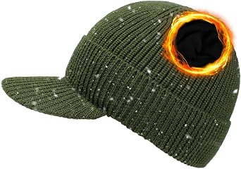 Waterproof Merino Wool Visor Beanie for Men Large Winter Beanie with Brim, Unisex Warm Fleece Lined Knit Wool Hat