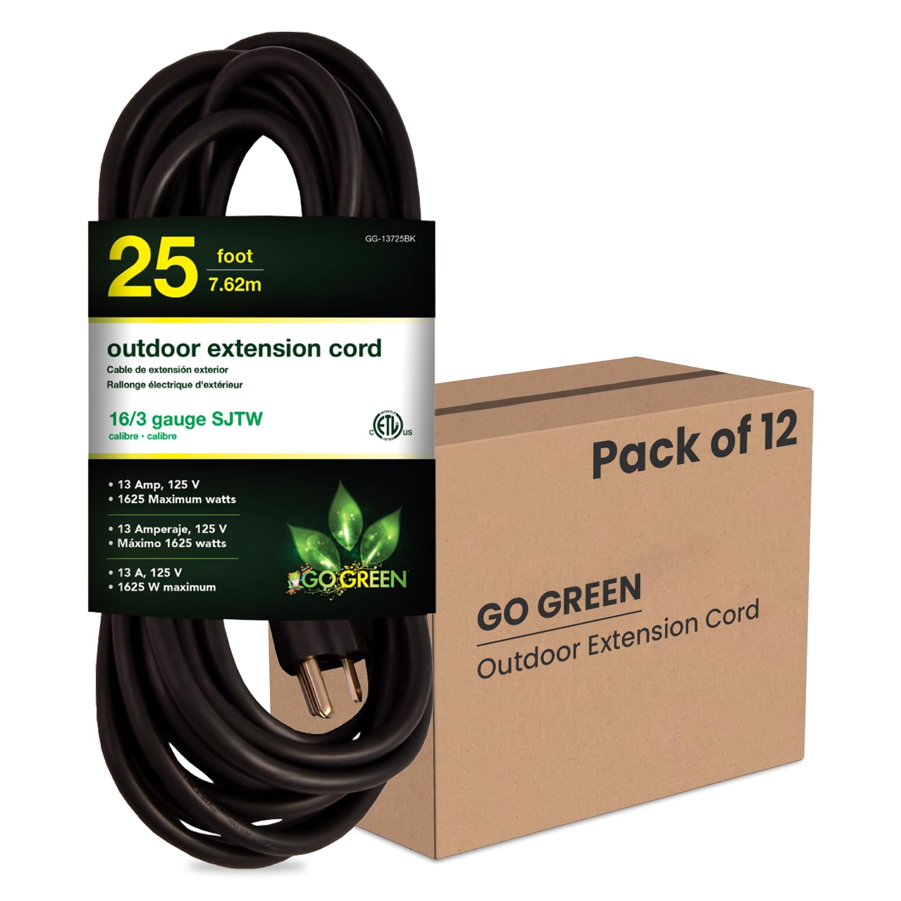 Photo 1 of Go Green Power Inc. (GG-13725BK-M) 16/3 Heavy Duty Extension Cord, Outdoor Extension Cord, Black, 25 ft, 12 Pack