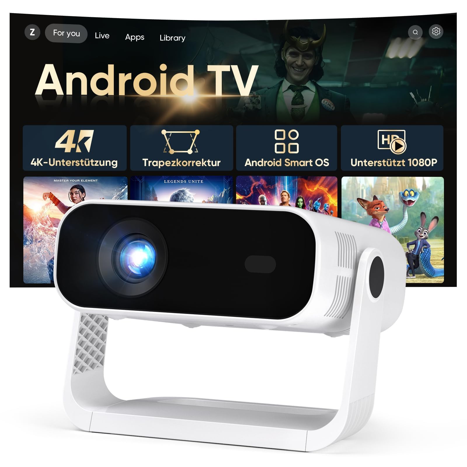 2026 Neuer Smart Mini Beamer Integrierte APP, Android 14, Unterstützt 1080P und 4K-Dekodierung,Automatische Trapezkorrektur, WiFi6 & BT5.2 ，Beamer 4K Heimkino für Handy/HDMI/PC
