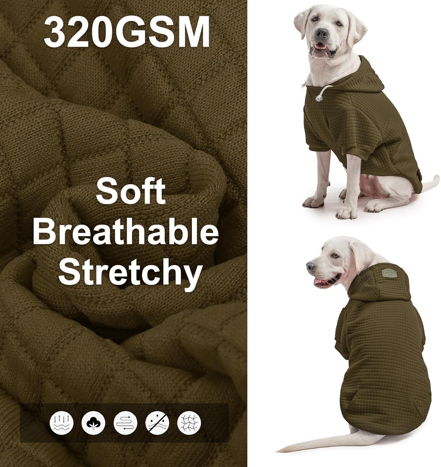 BEAUTYZOO Dog Hoodie with Leash Hole and Pocket,Dog Sweaters for Small Medium Large Dogs Boys Girls,Waffle-Like Laminated Cotton Warm Outfits for French Bulldogs, Pitbull, Winter Puppy Clothes Jacket