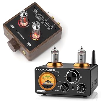 Nobsound P5 Mini Vacuum Tube Headphone Amplifier / Preamp 4.4mm/6.35mm Output, Replaceable Tube & Op Amplifier with 12V Power Supply + Douk Audio ST-01 Bluetooth Vacuum Tube Amplifier 2x100W, VU