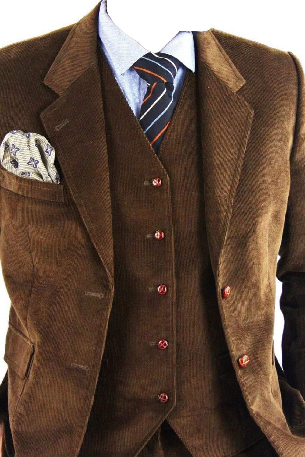 GATMSTZ Men's Trendy Regular Fit 3 Piece Suit Corduroy Wedding Blazer Vest Pants(Brown,50R)