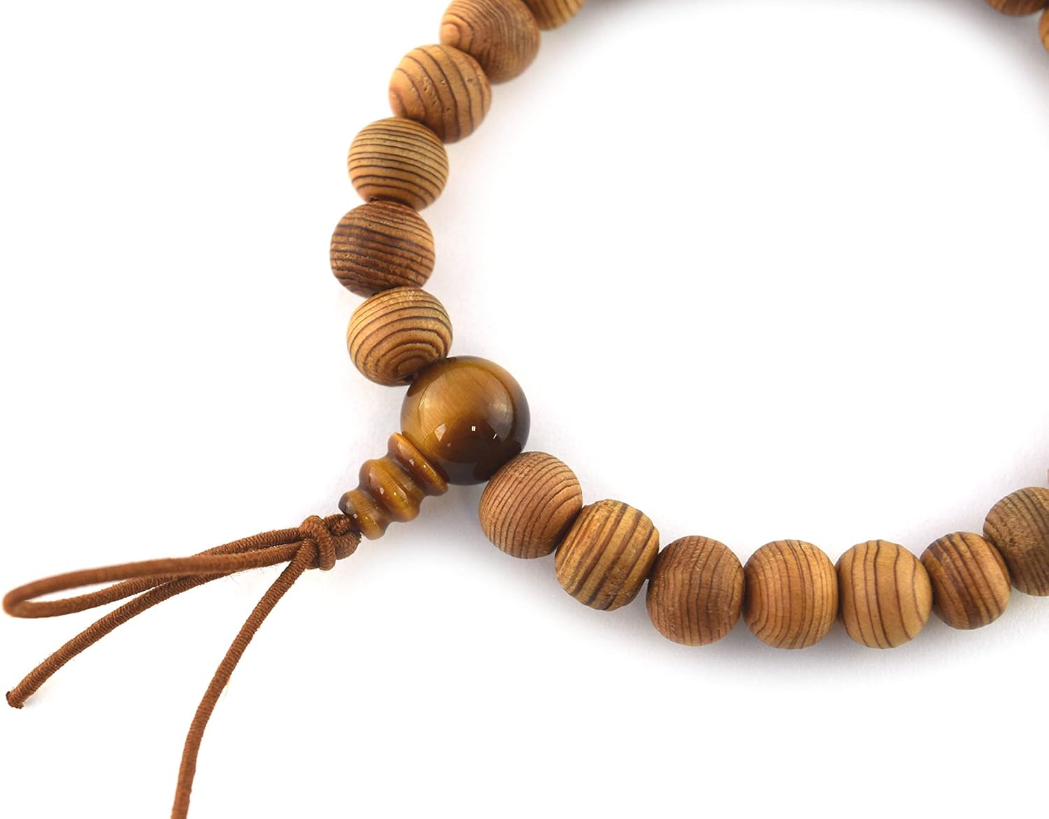 京都あさひ屋 8mm Japanese Cedar Yakusugi Wood & Tiger eye Beads Bracelet Juzu dhyana Zen Kyoto Prayer Beads Handmade for Men Women Gifts Elastic Mala Beads