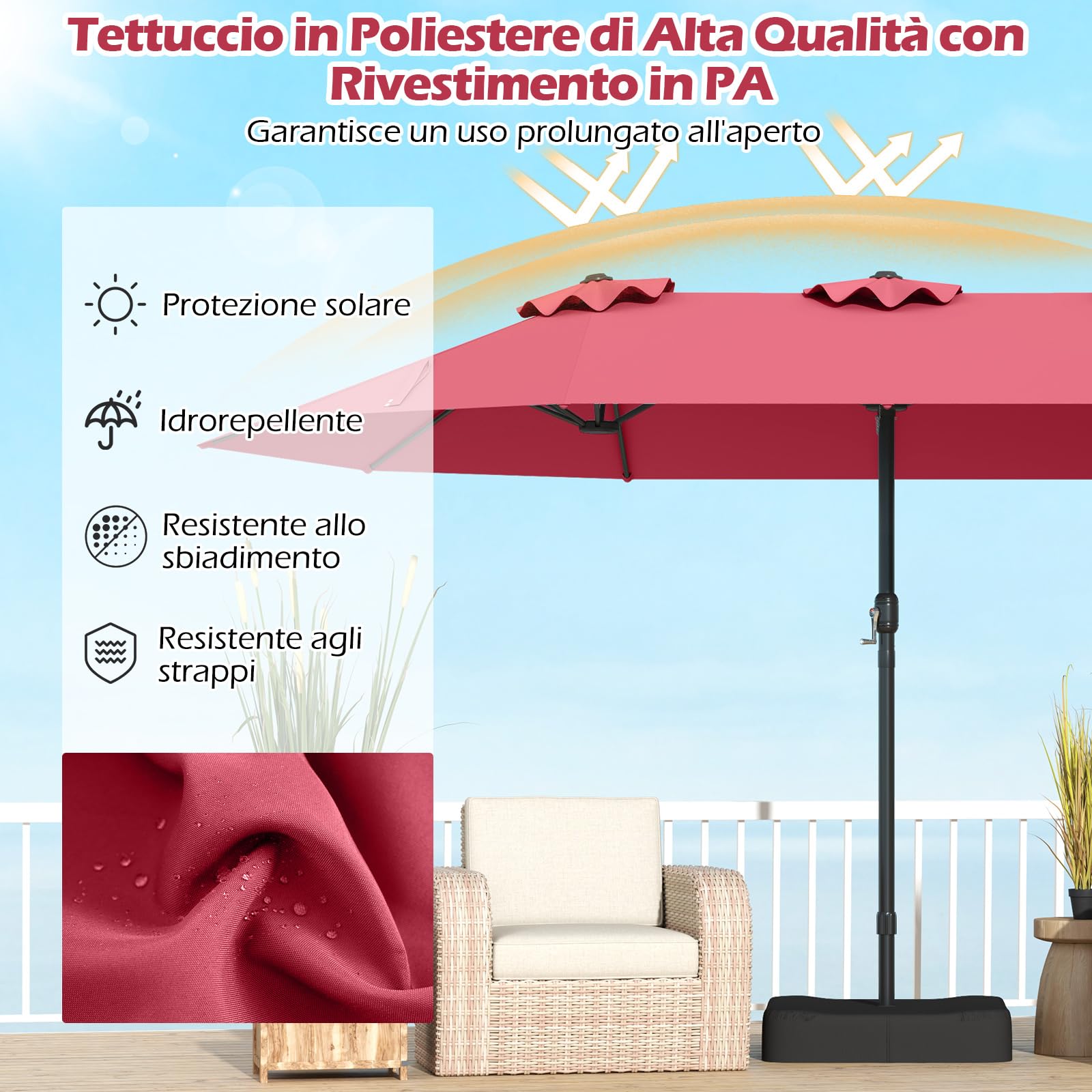 COSTWAY Ombrellone Doppio Rettangolare 443 x 263 cm con Sistema a Manovella, Base e 12 Costole, per Giardino e Cortile (Rosso)