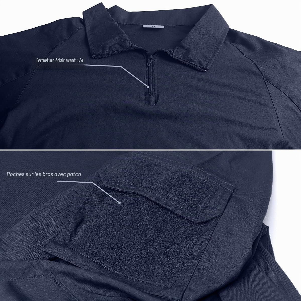 Memoryee Homme Tactique Militaire Chemise Manches Longues de Combat avec 1/4 Fermeture Glissière et Poches